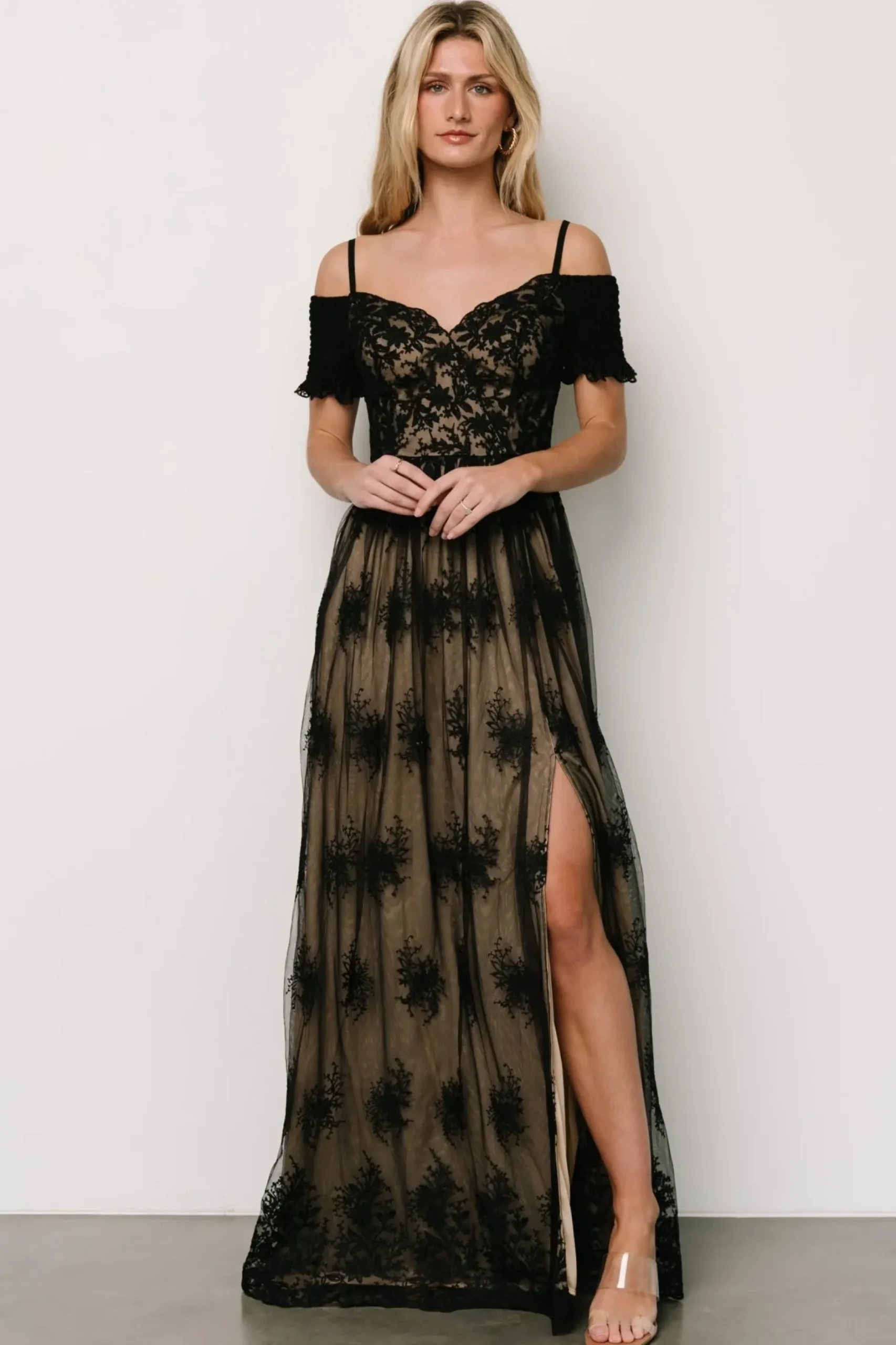 Baltic Born tulle styles|Esperanza Tulle Embroidered Maxi Dress | Black + Nude