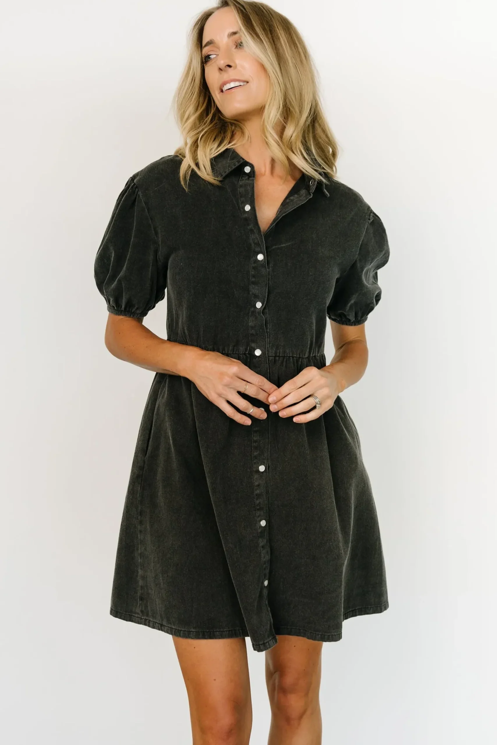 Baltic Born short dresses|EXTENDED SIZING|Fontana Puff Sleeve Short Dress | Washed Black
