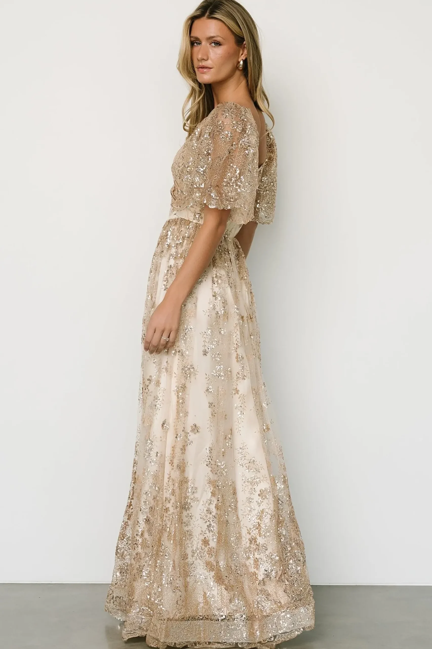 Baltic Born SALE|Genevieve Glitter Maxi Dress | Gold + Nude