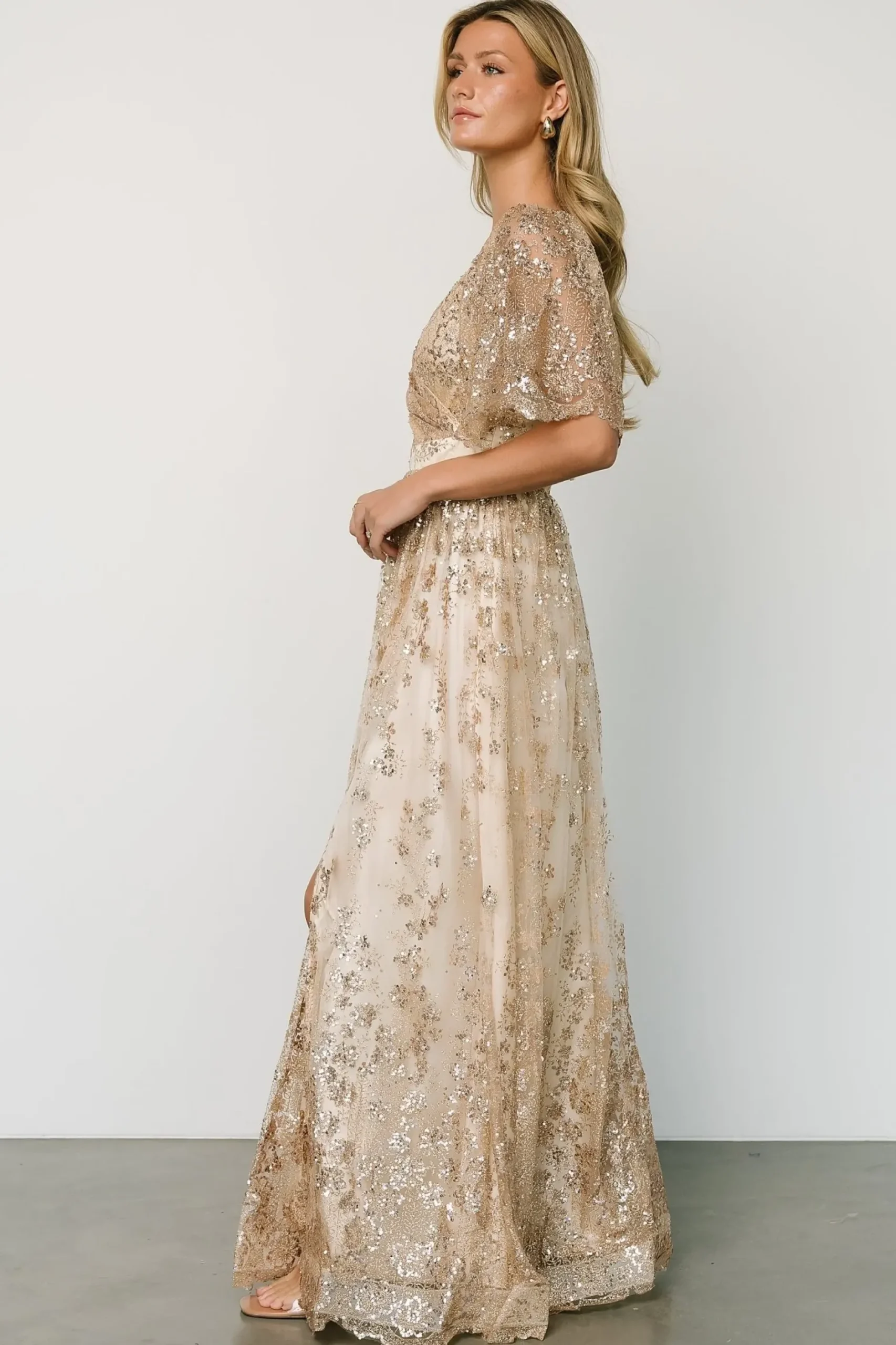 Baltic Born SALE|Genevieve Glitter Maxi Dress | Gold + Nude