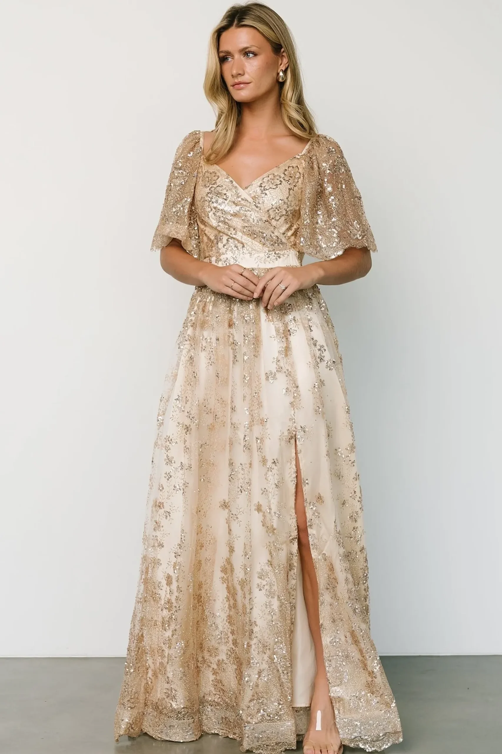 Baltic Born SALE|Genevieve Glitter Maxi Dress | Gold + Nude