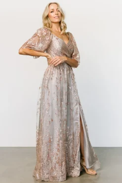 Baltic Born SALE|Genevieve Glitter Maxi Dress | Gray + Rose Gold