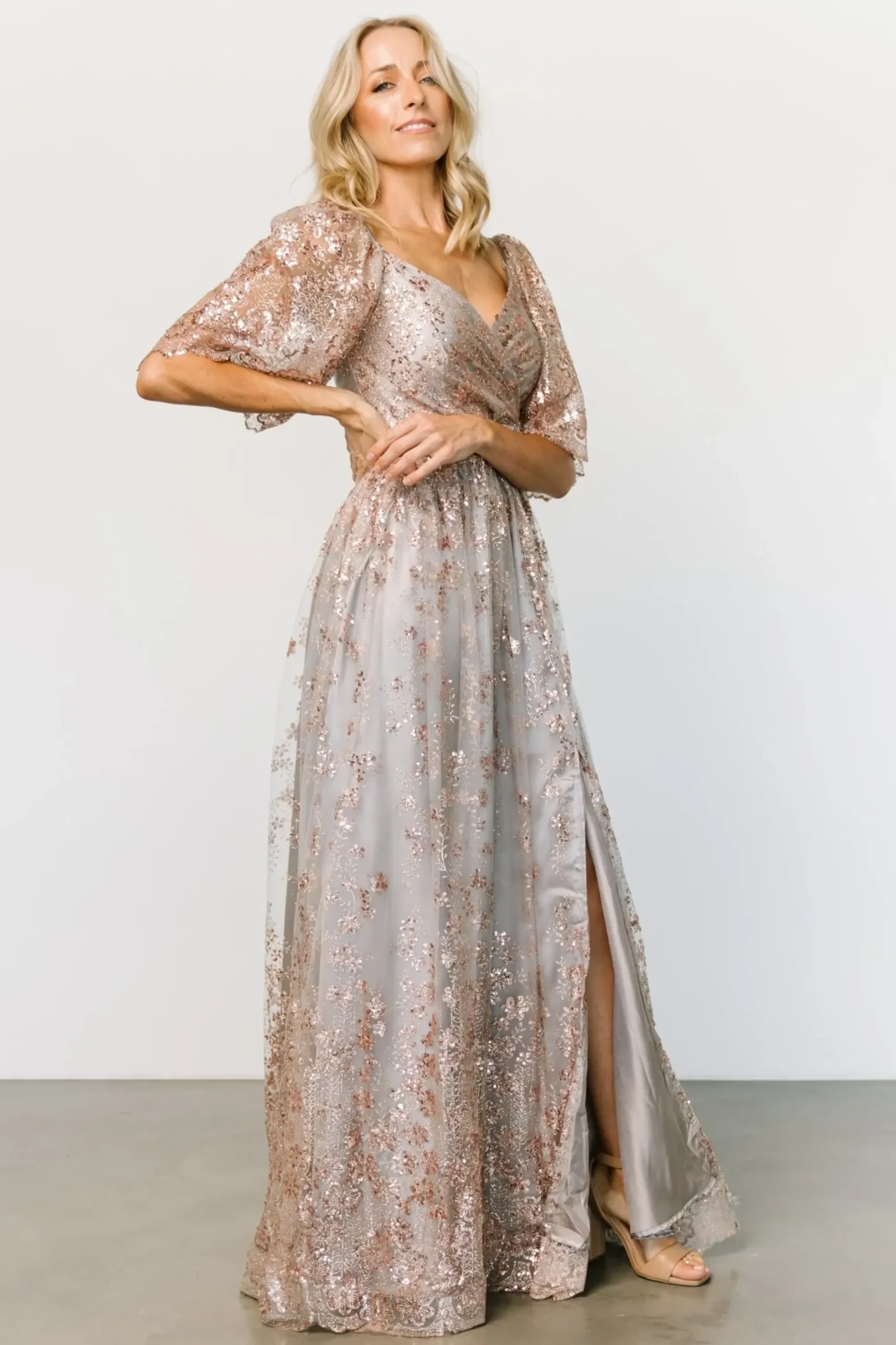 Baltic Born SALE|Genevieve Glitter Maxi Dress | Gray + Rose Gold