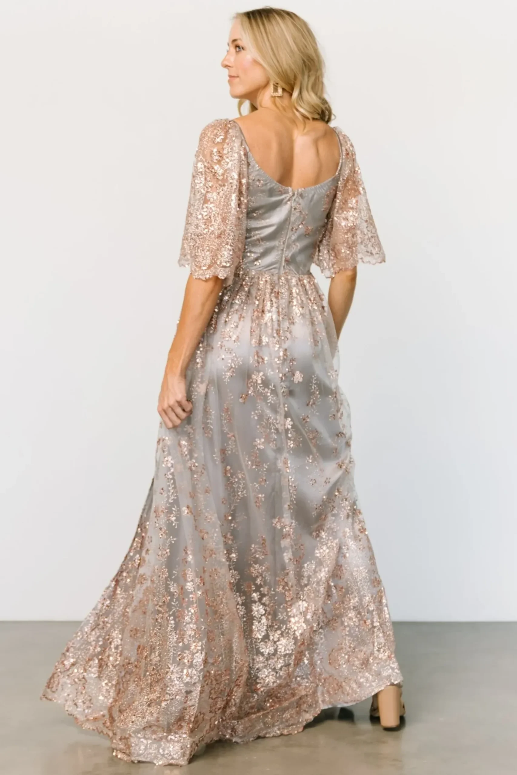 Baltic Born SALE|Genevieve Glitter Maxi Dress | Gray + Rose Gold