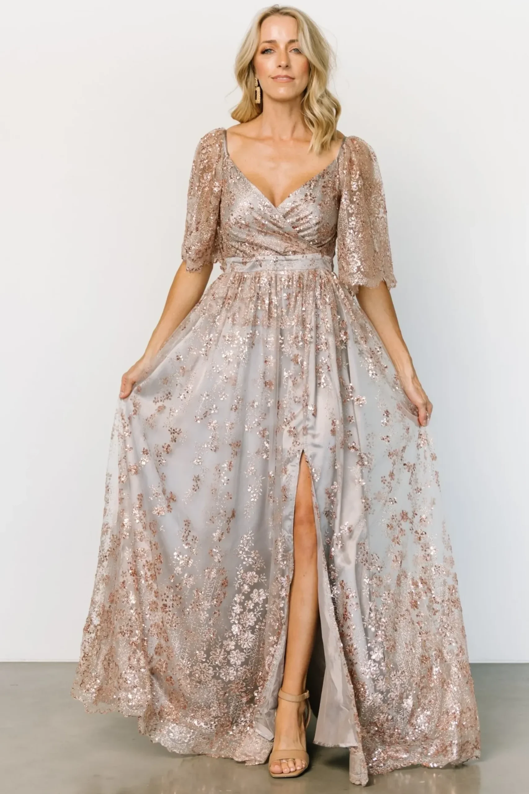 Baltic Born SALE|Genevieve Glitter Maxi Dress | Gray + Rose Gold