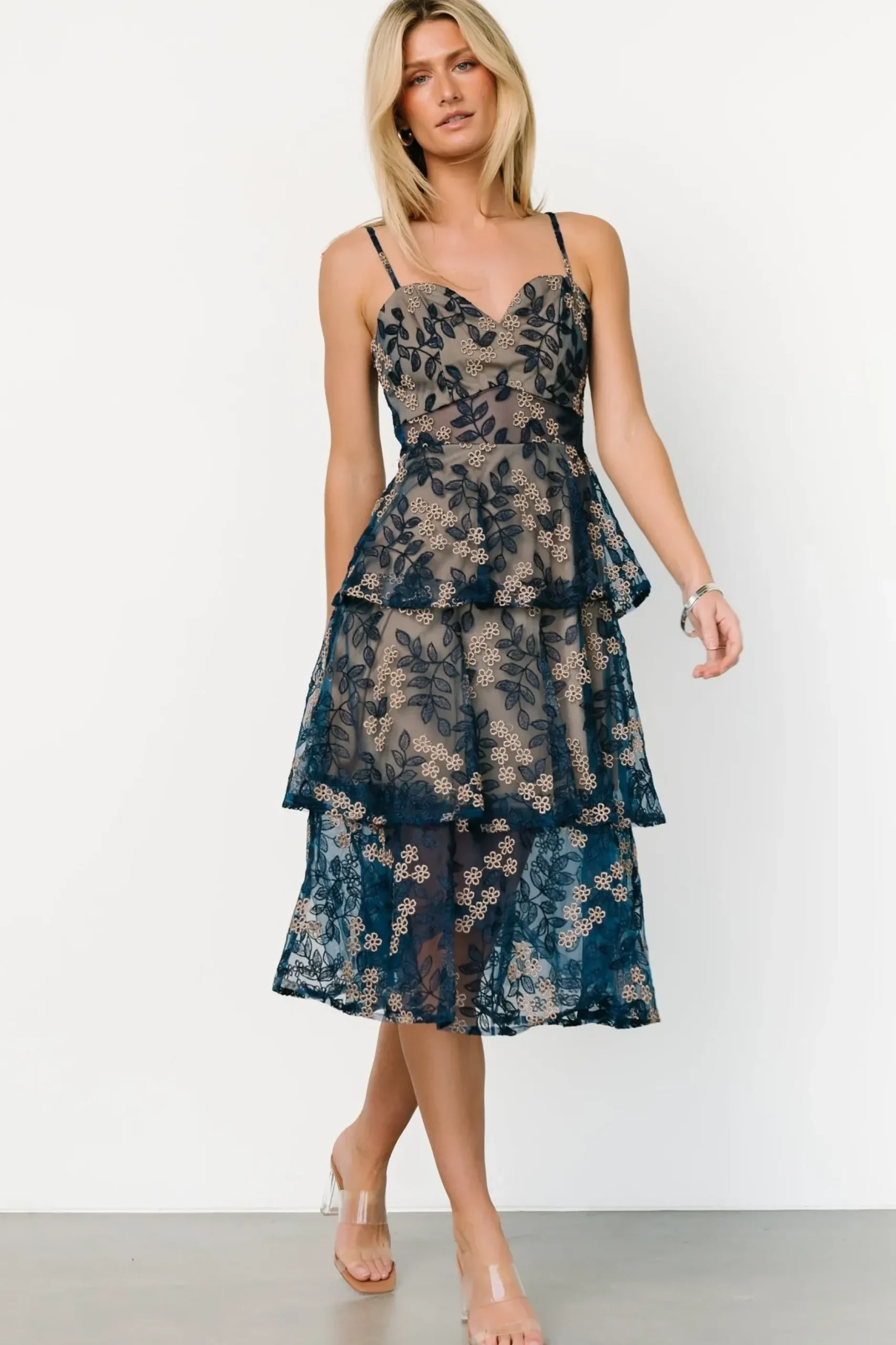 Baltic Born tulle styles|Georgiana Embroidered Midi Dress | Navy