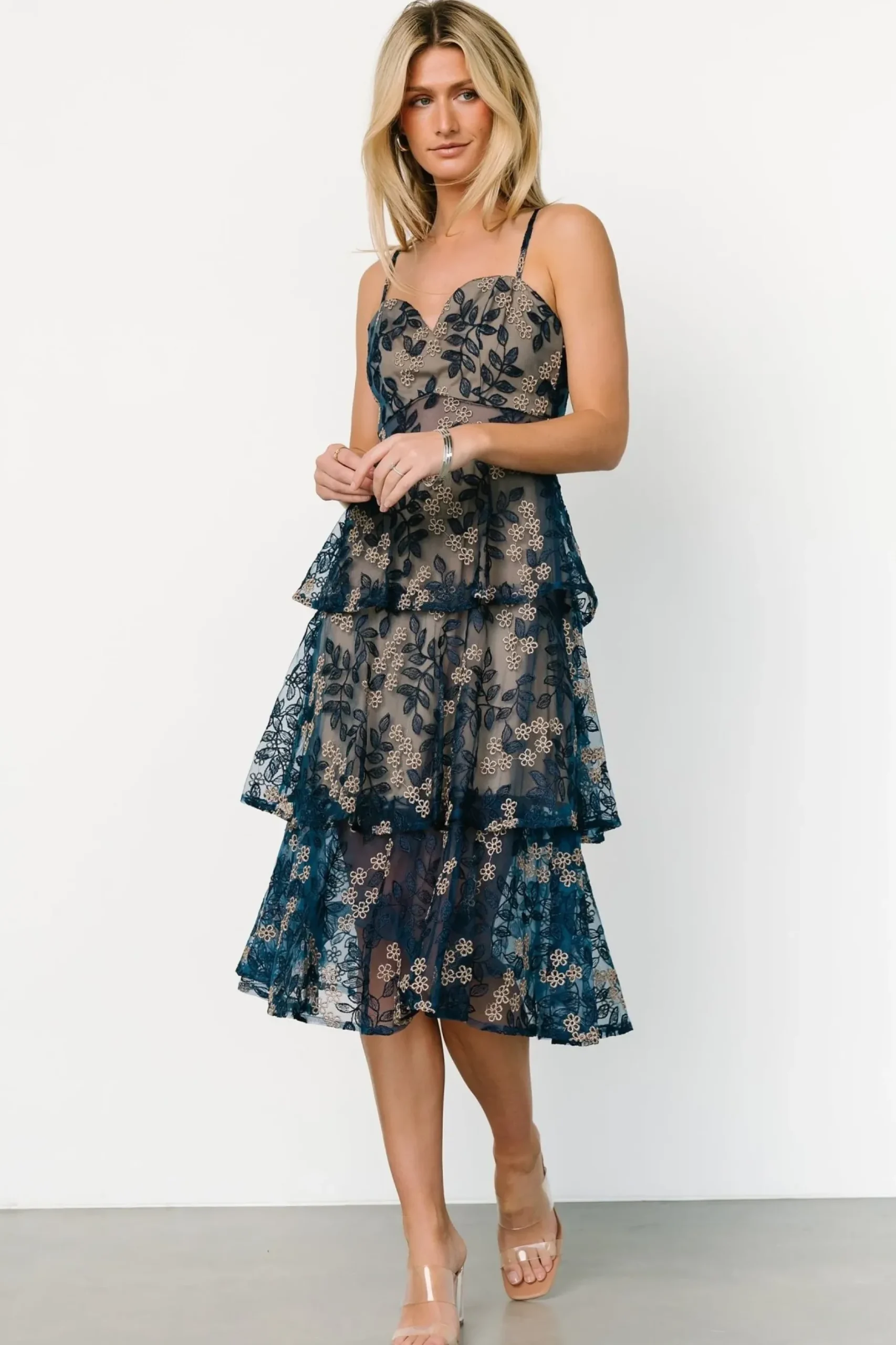 Baltic Born tulle styles|Georgiana Embroidered Midi Dress | Navy