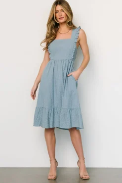 Baltic Born midi dresses|Gretta Ruffle Tie Back Midi Dress | Dusty Blue