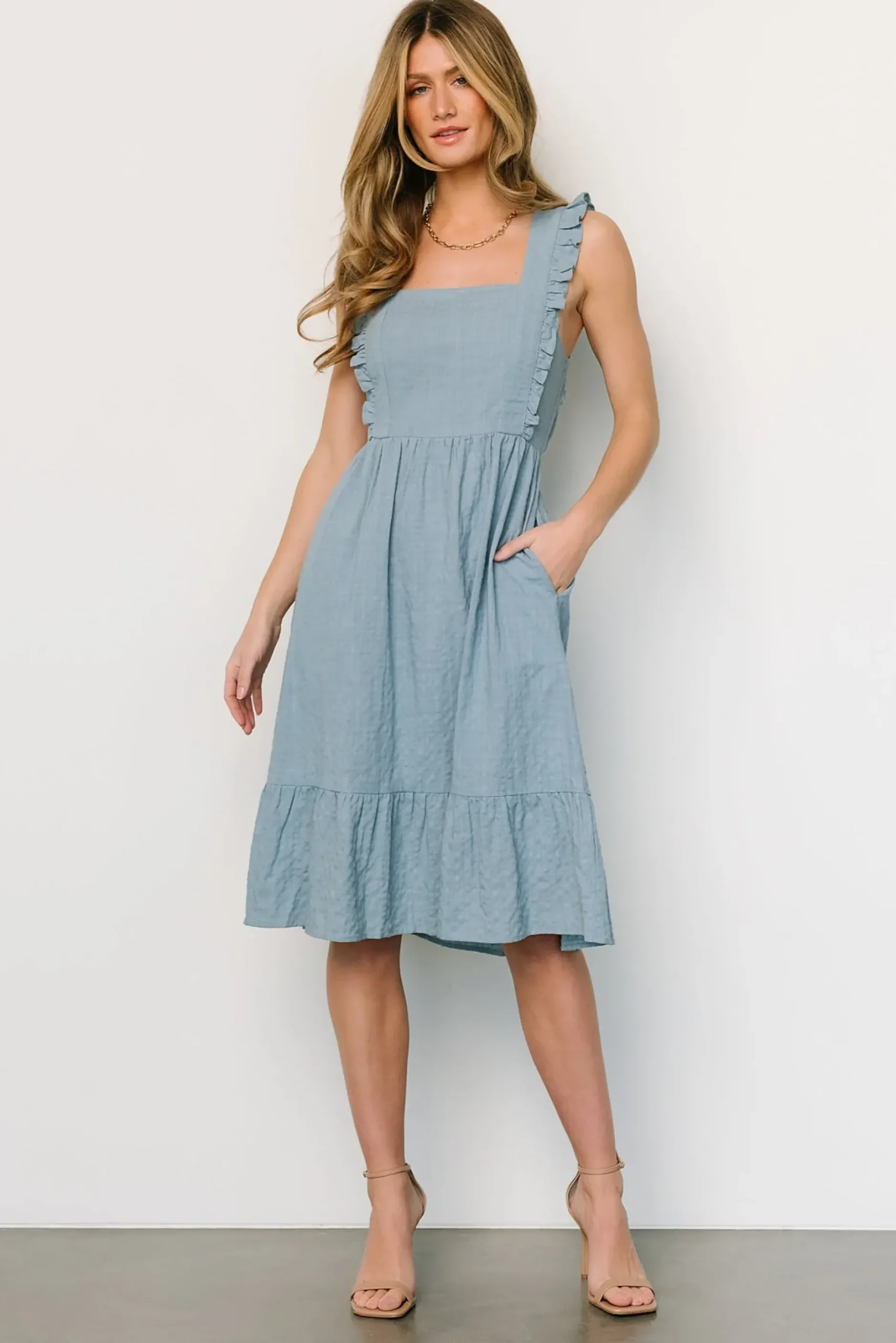 Baltic Born midi dresses|Gretta Ruffle Tie Back Midi Dress | Dusty Blue