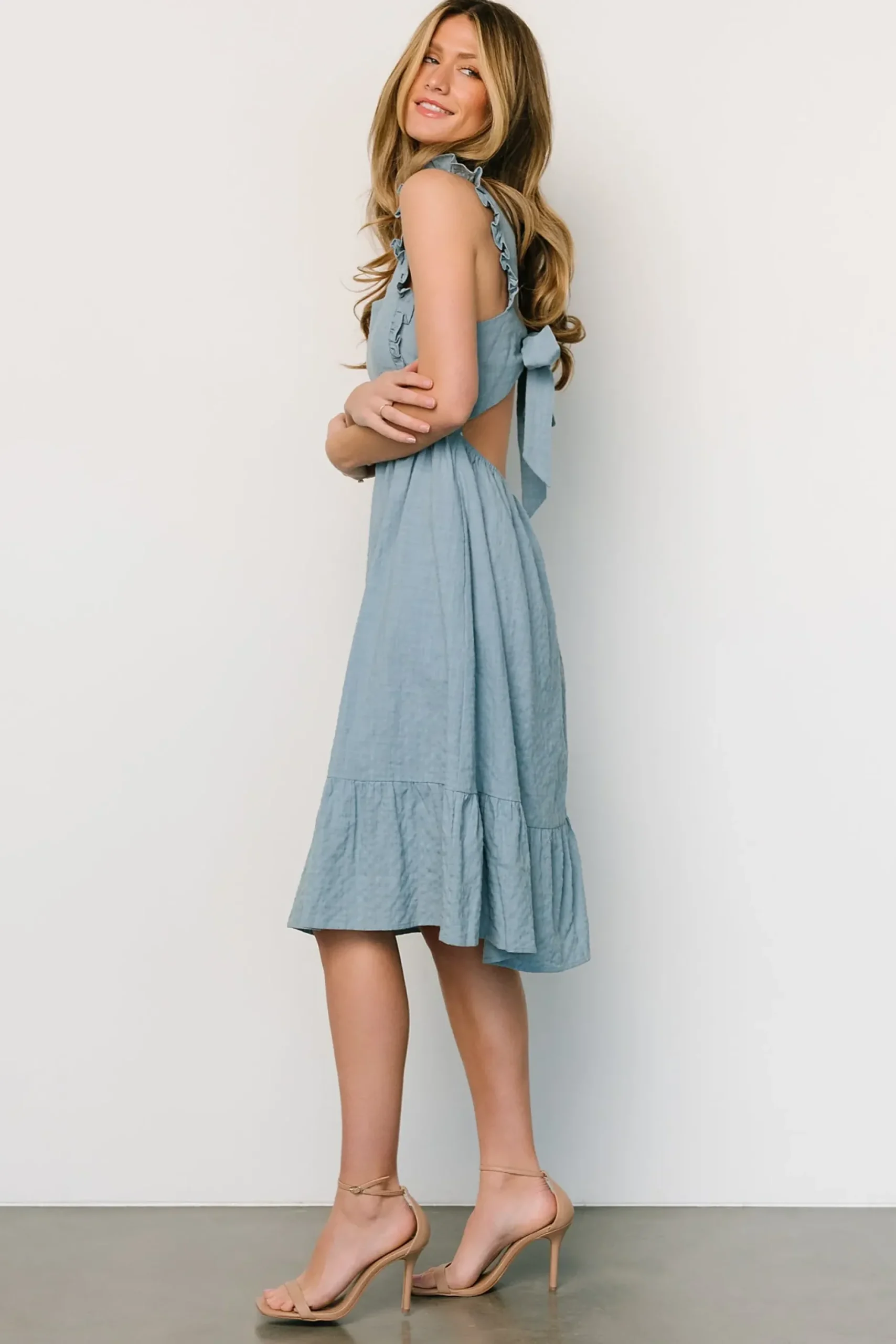 Baltic Born midi dresses|Gretta Ruffle Tie Back Midi Dress | Dusty Blue