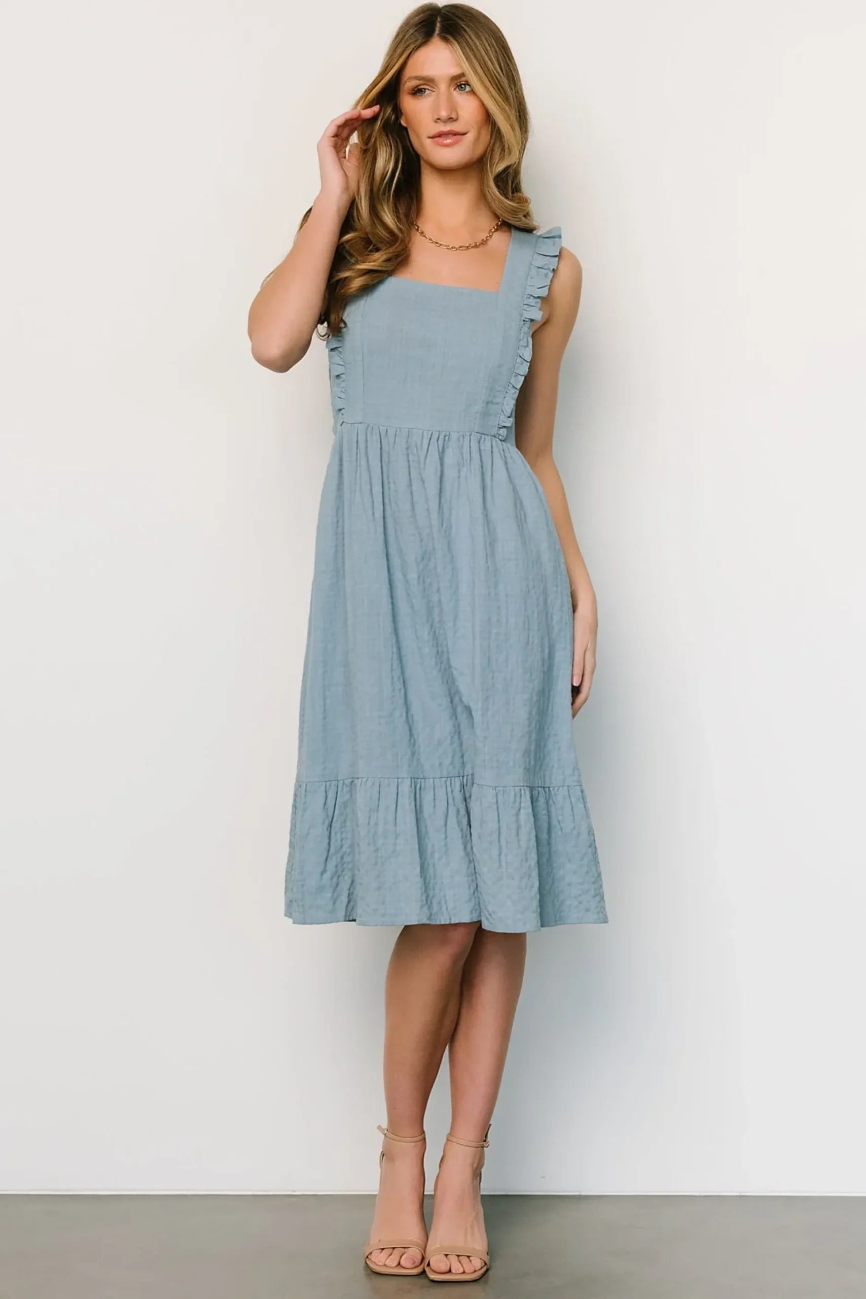 Baltic Born midi dresses|Gretta Ruffle Tie Back Midi Dress | Dusty Blue