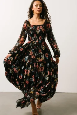 Baltic Born bump friendly|Isabela Smocked Maxi Dress | Black Multi Floral