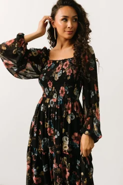 Baltic Born bump friendly|Isabela Smocked Maxi Dress | Black Multi Floral