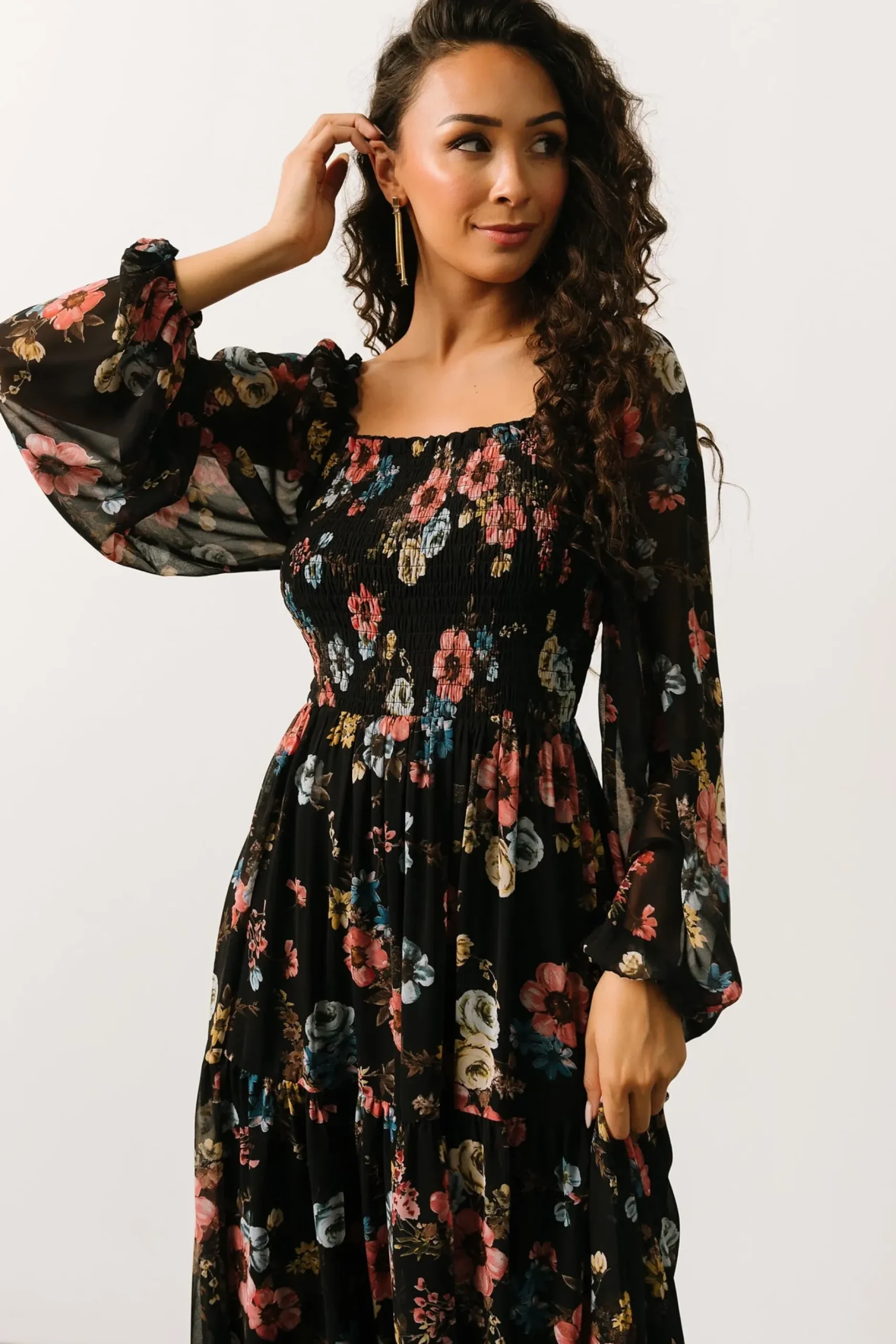 Baltic Born bump friendly|Isabela Smocked Maxi Dress | Black Multi Floral