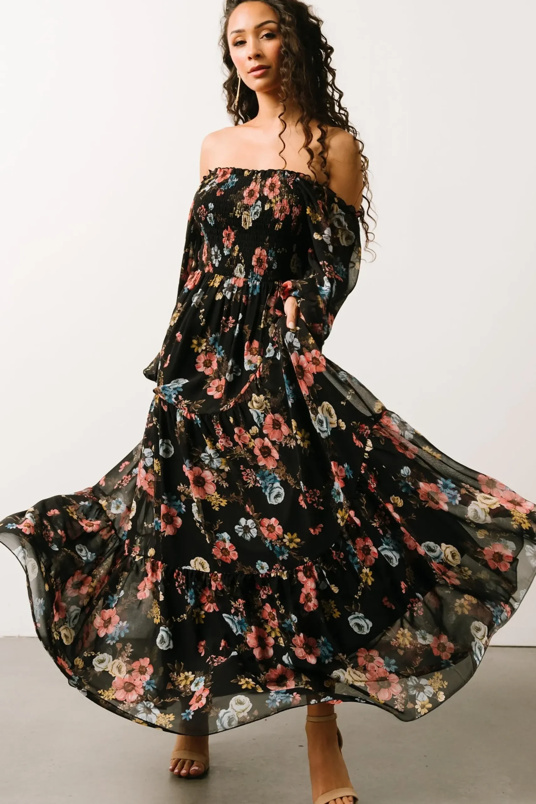 Baltic Born bump friendly|Isabela Smocked Maxi Dress | Black Multi Floral