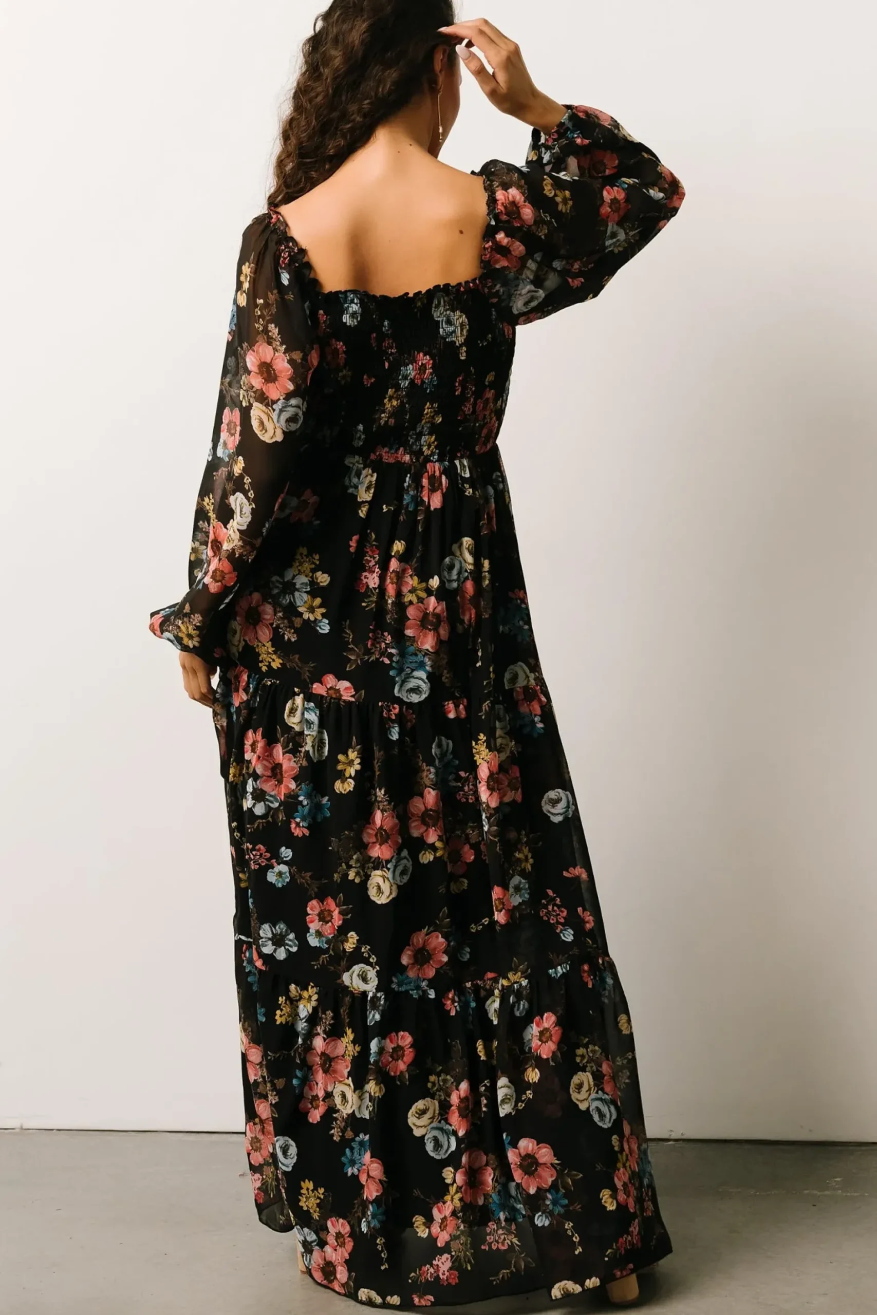 Baltic Born bump friendly|Isabela Smocked Maxi Dress | Black Multi Floral