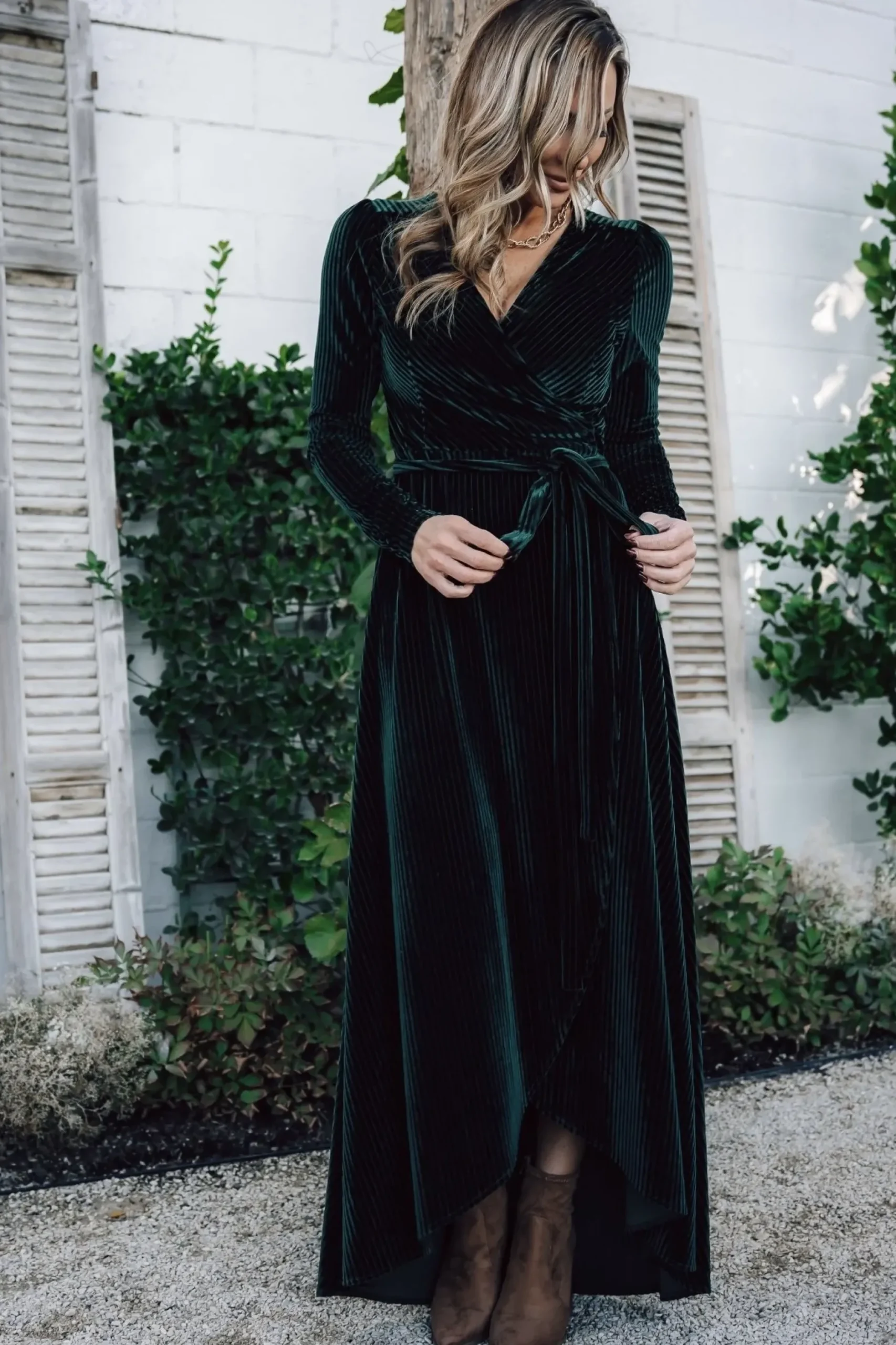 Baltic Born SALE|Jada Ribbed Velvet Wrap Dress | Emerald