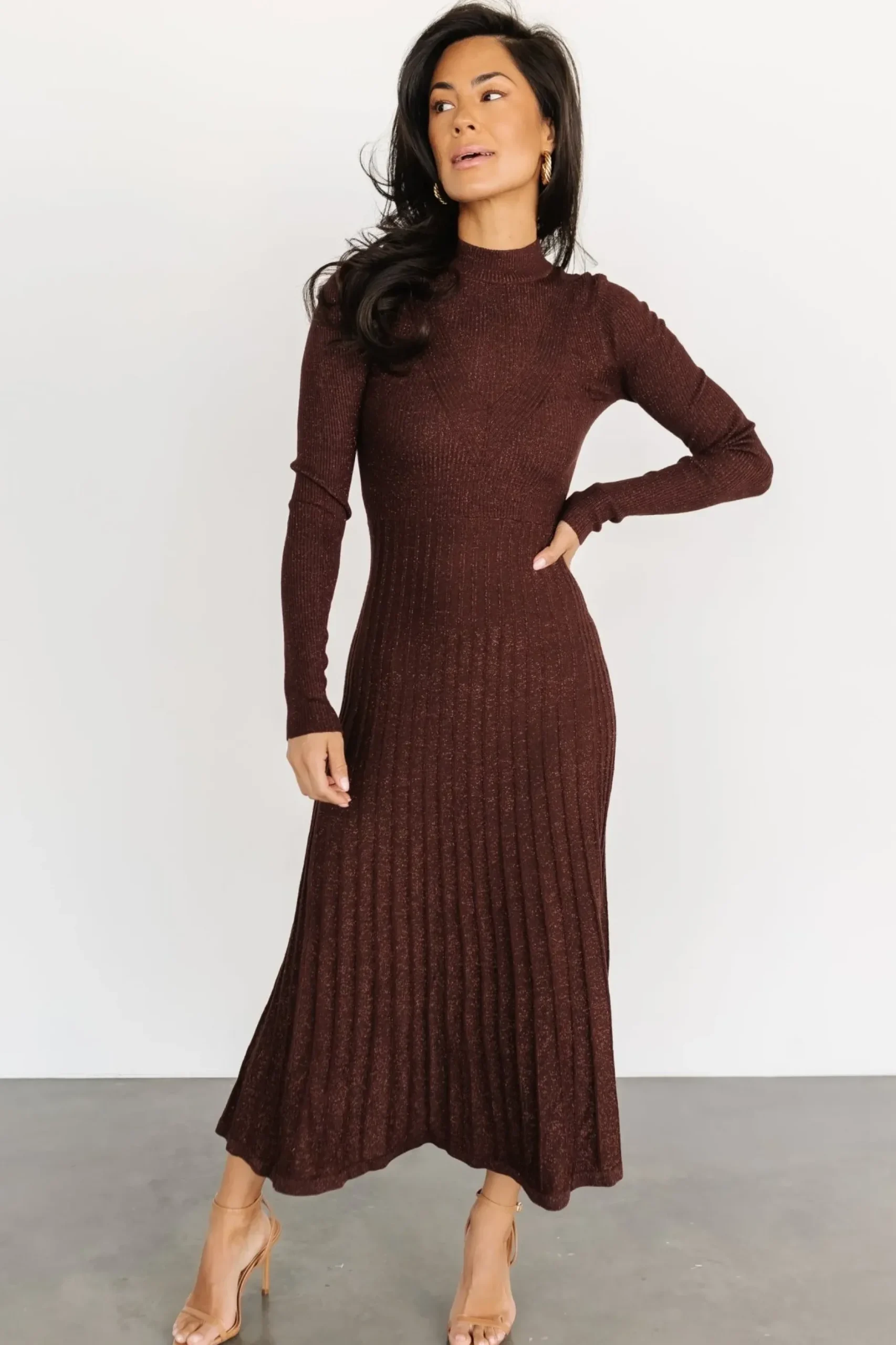 Baltic Born maxi dresses|bump friendly|Jamelia Pleated Sweater Dress | Brown + Gold