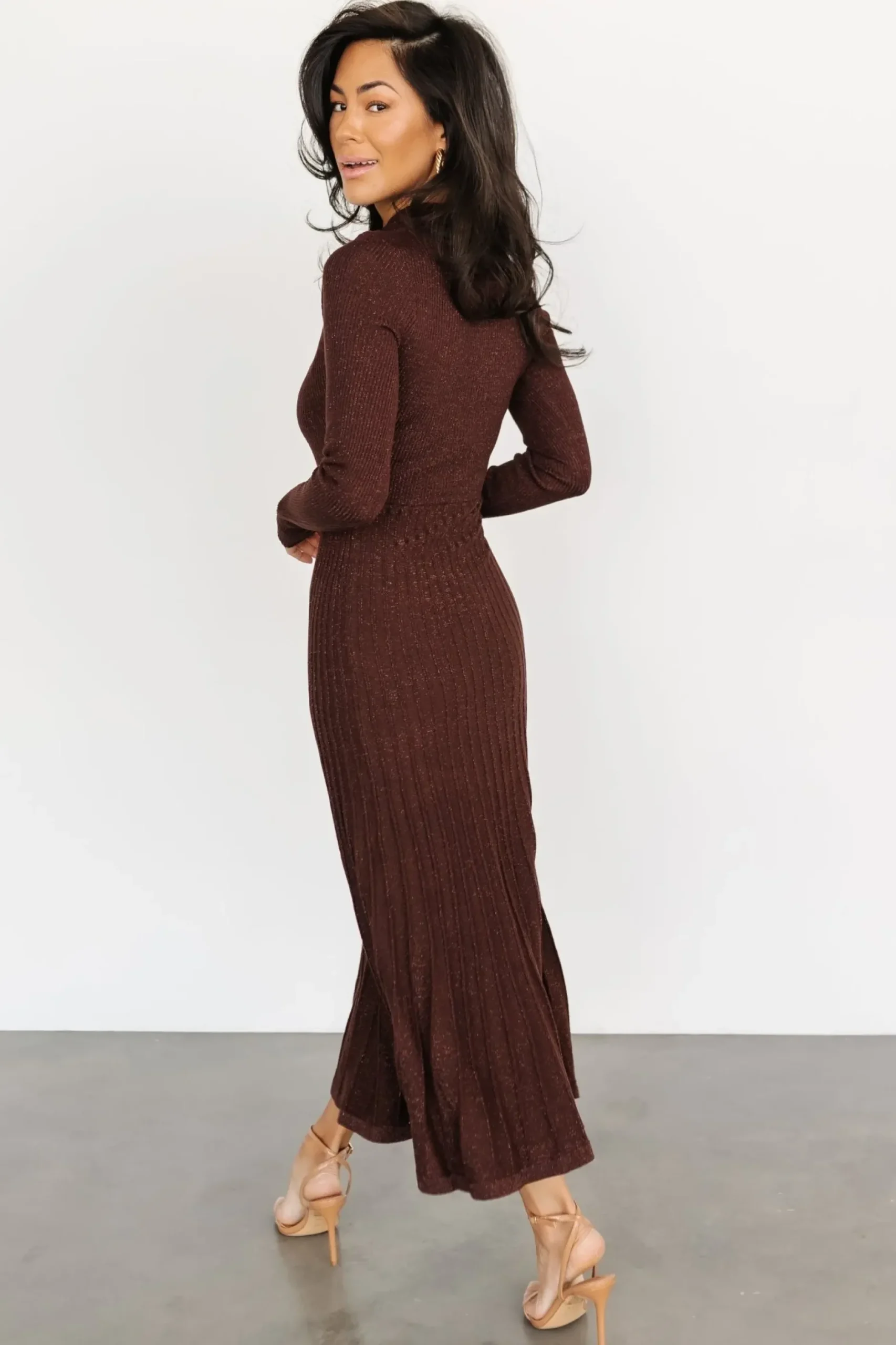 Baltic Born maxi dresses|bump friendly|Jamelia Pleated Sweater Dress | Brown + Gold