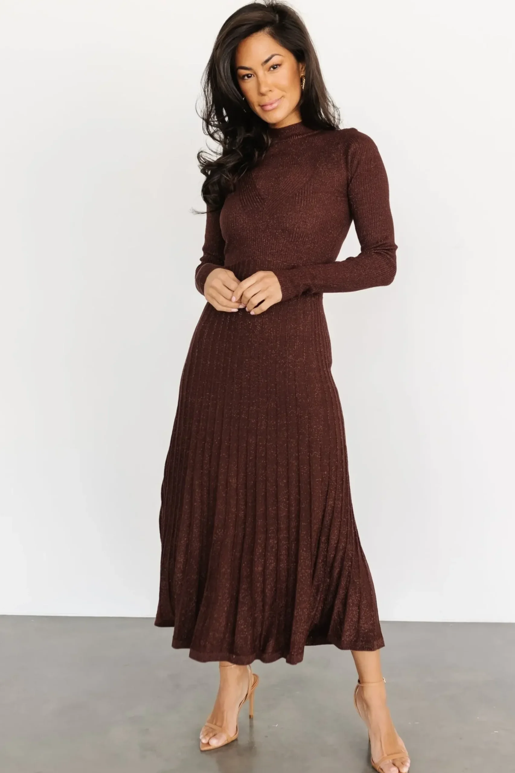 Baltic Born maxi dresses|bump friendly|Jamelia Pleated Sweater Dress | Brown + Gold