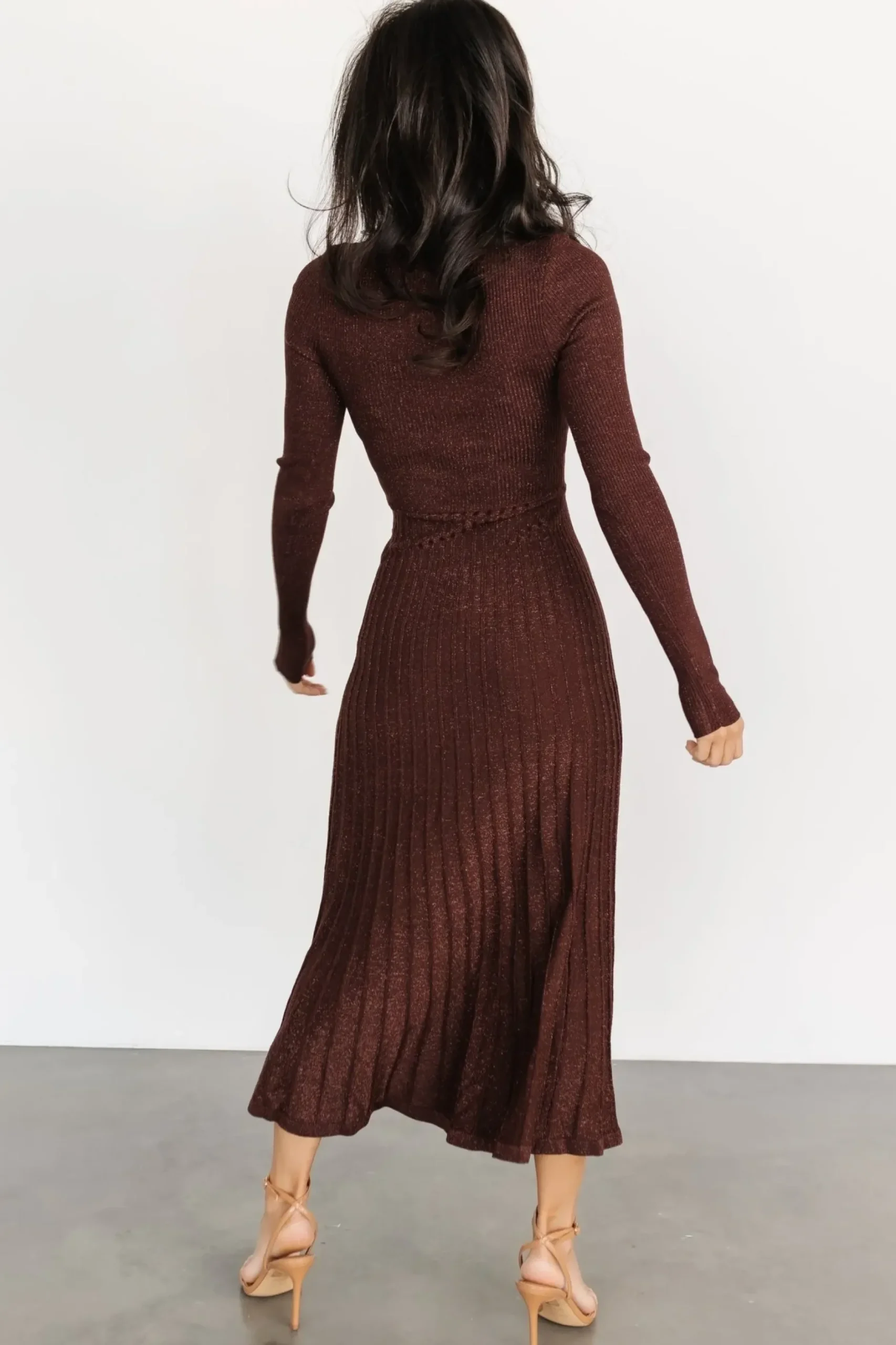 Baltic Born maxi dresses|bump friendly|Jamelia Pleated Sweater Dress | Brown + Gold