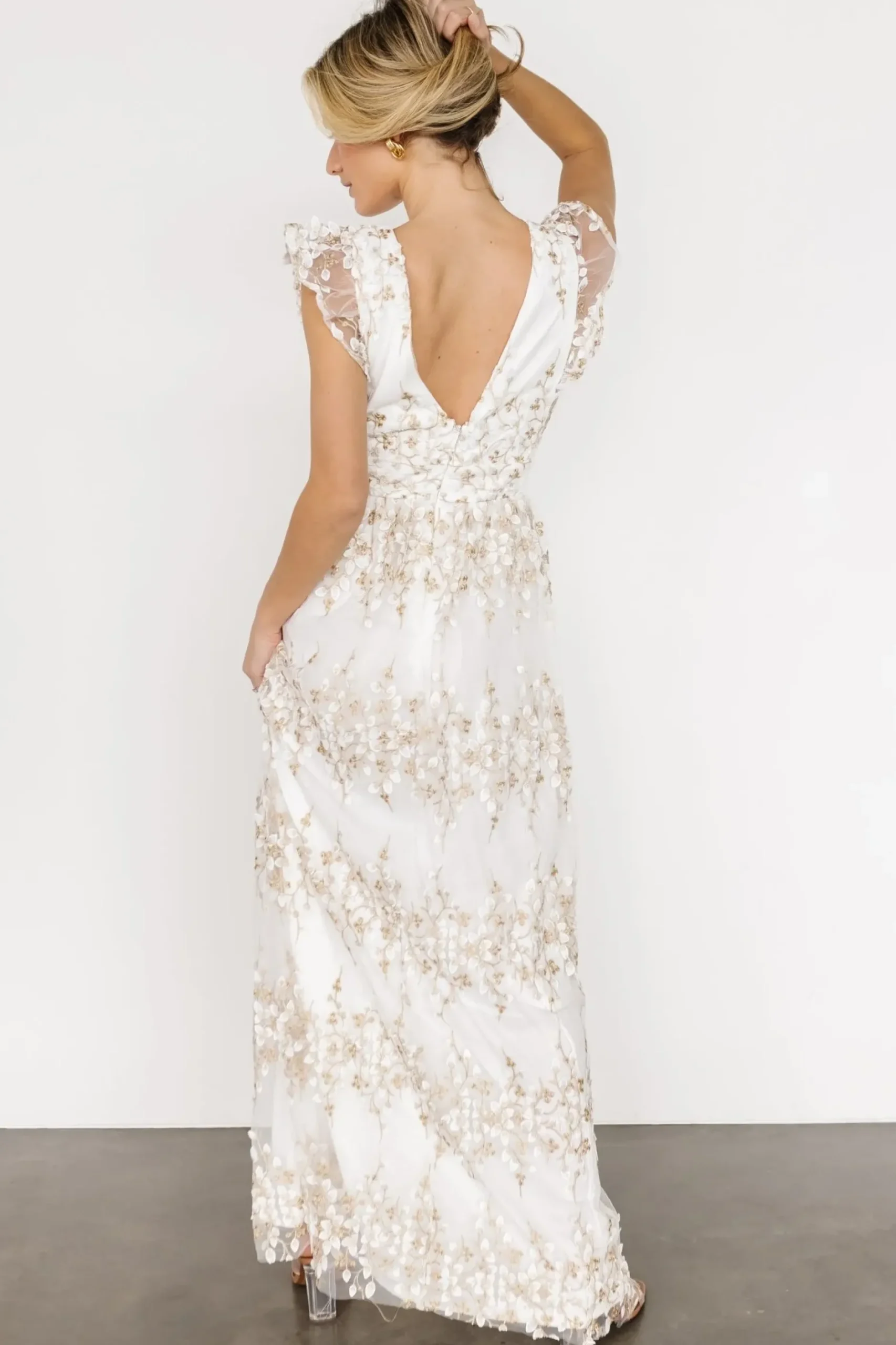 Baltic Born tulle styles|Jasmine Embossed Maxi Dress | White + Gold