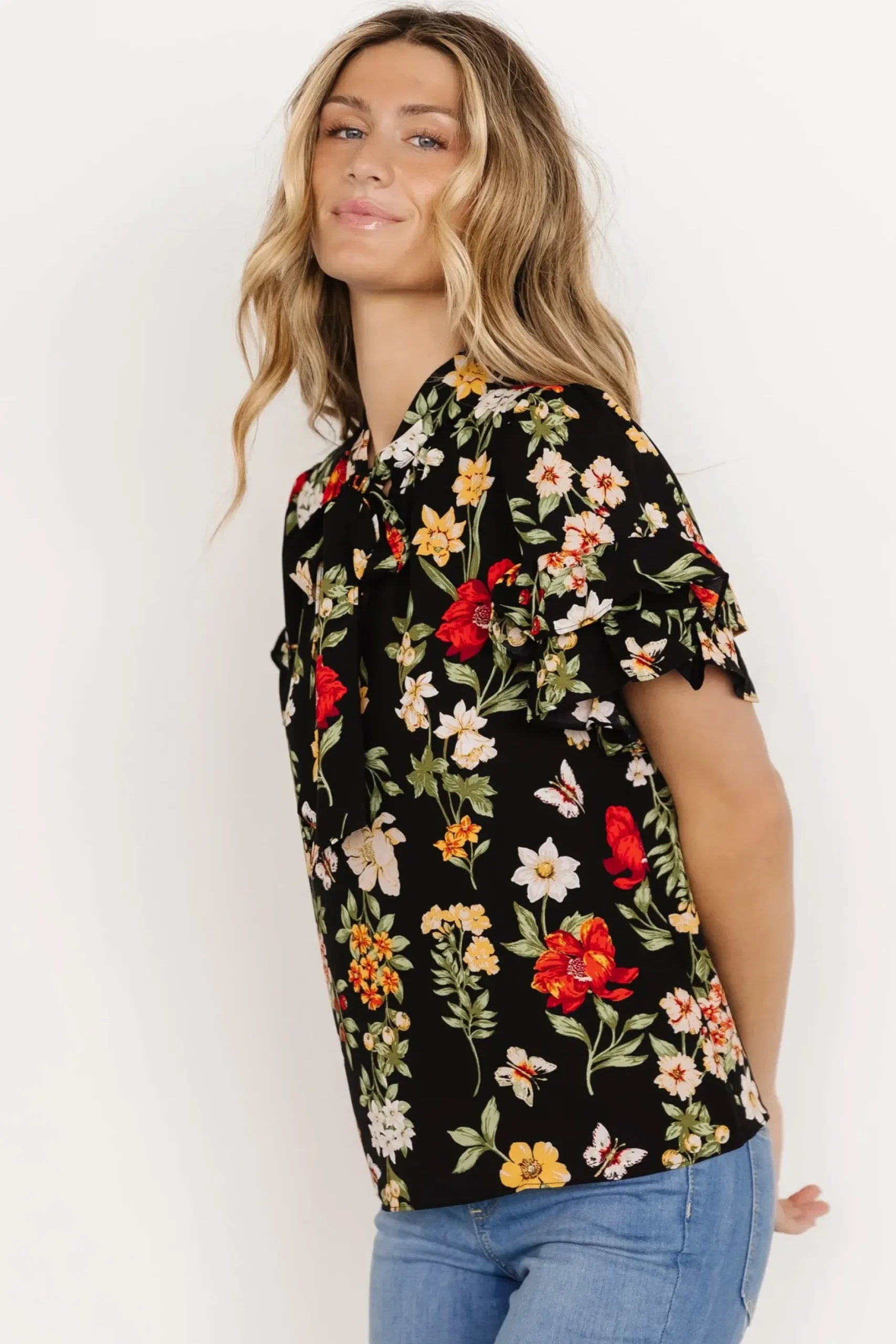 Baltic Born blouses + shirts|Judy Ruffle Sleeve Top | Black Multi