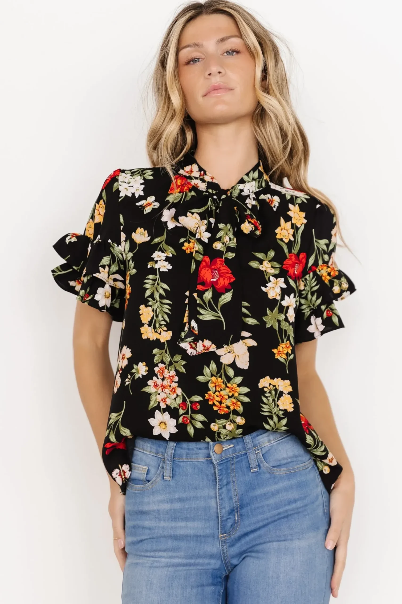 Baltic Born blouses + shirts|Judy Ruffle Sleeve Top | Black Multi