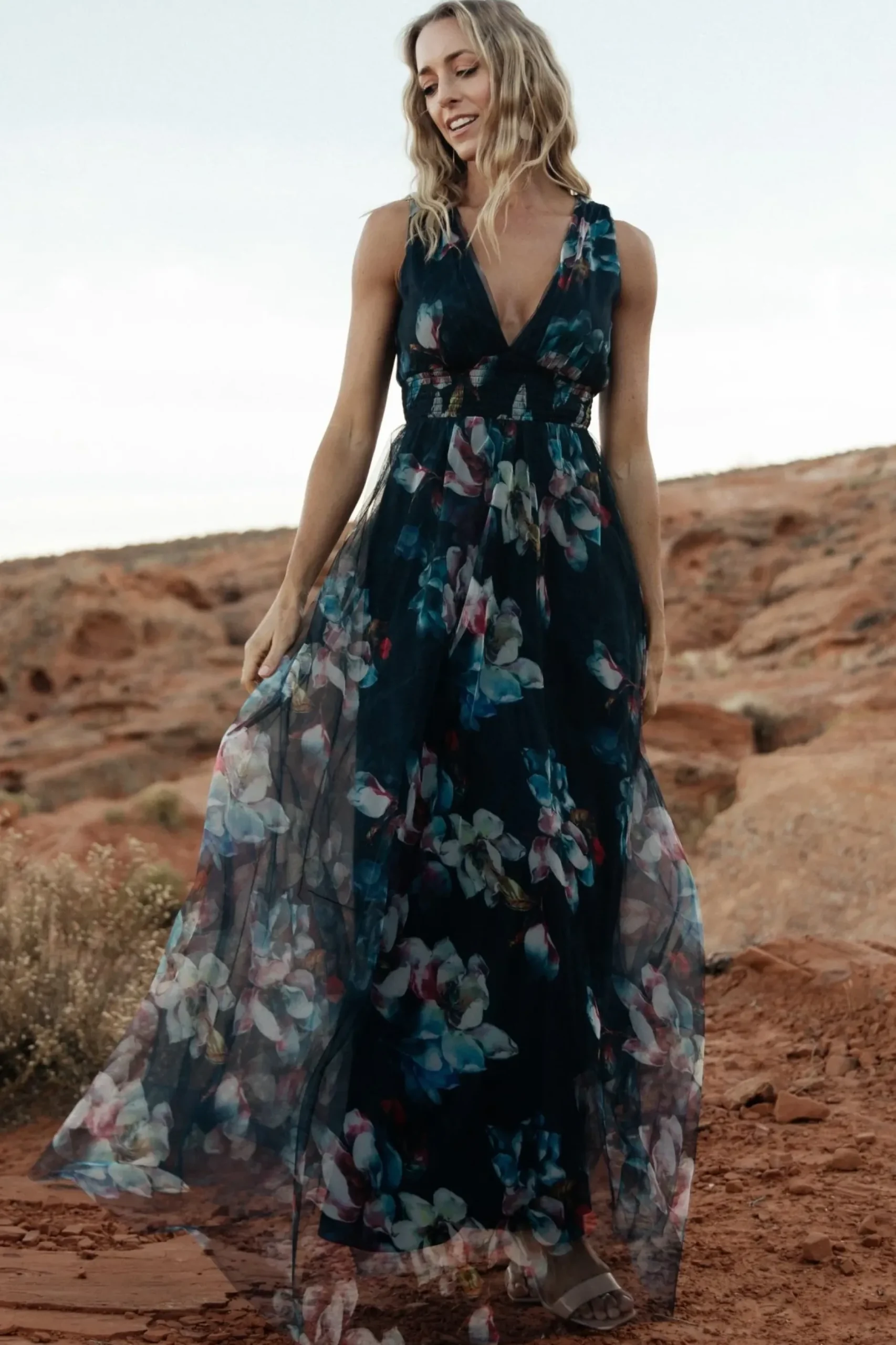 Baltic Born WEDDING SUITE|wedding guest|Kamila Tulle Maxi Dress | Navy Abstract Floral