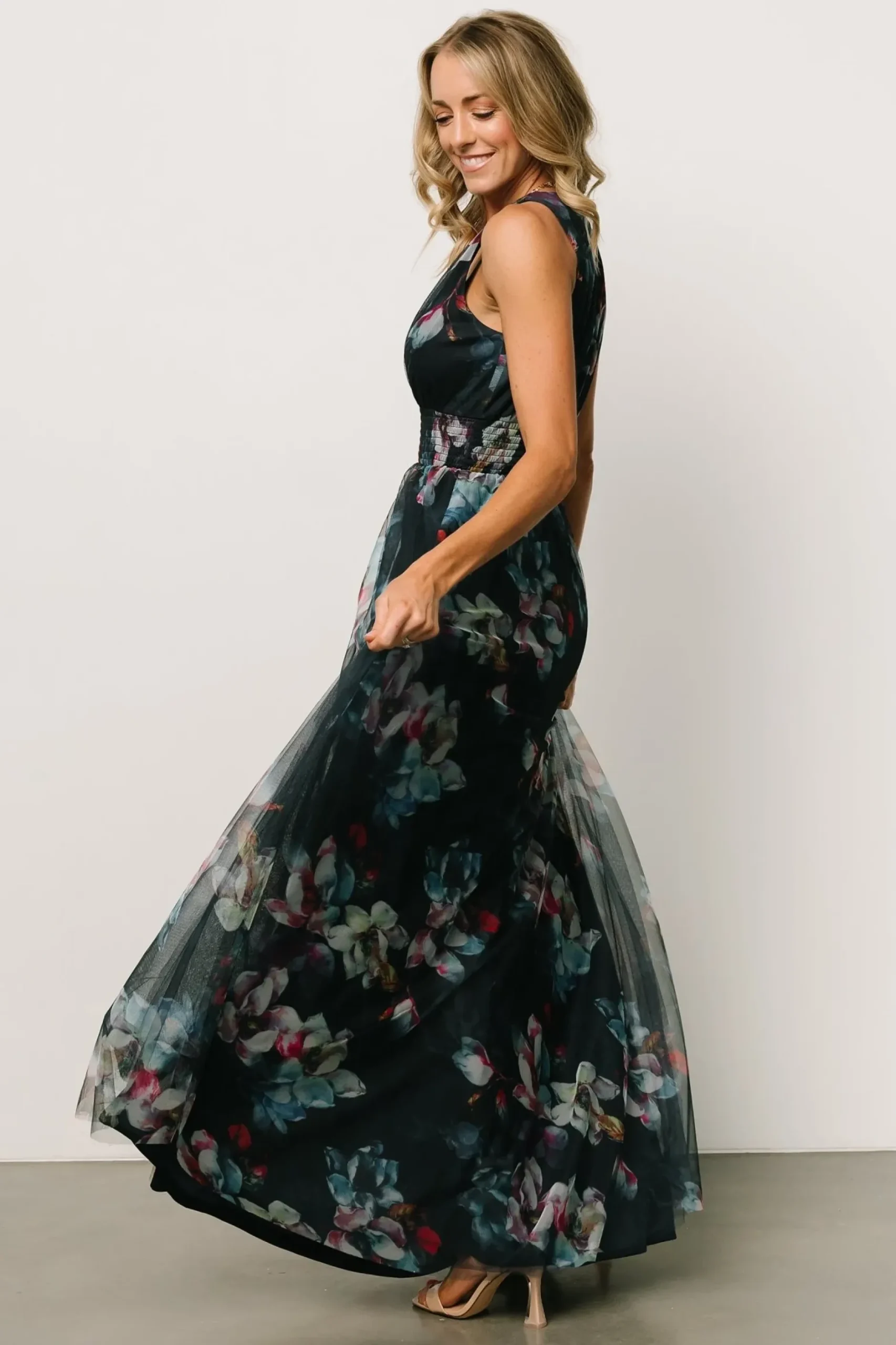 Baltic Born WEDDING SUITE|wedding guest|Kamila Tulle Maxi Dress | Navy Abstract Floral