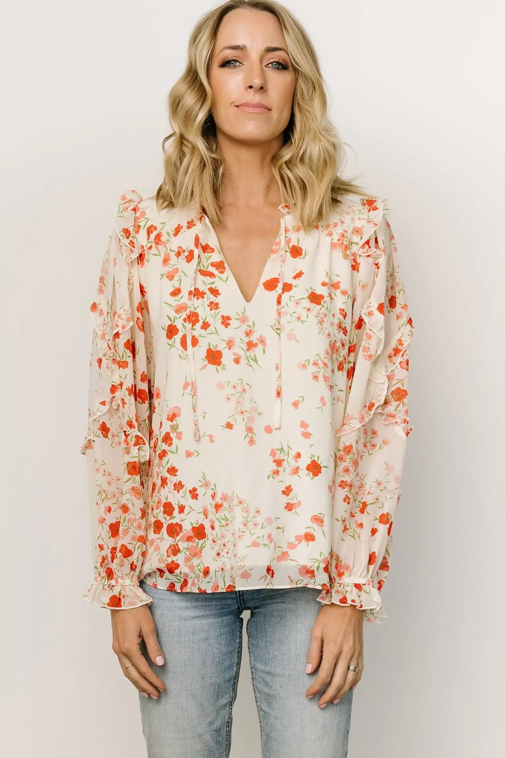 Baltic Born blouses + shirts|Karlie Long Sleeve Ruffle Top | Ivory + Red Multi