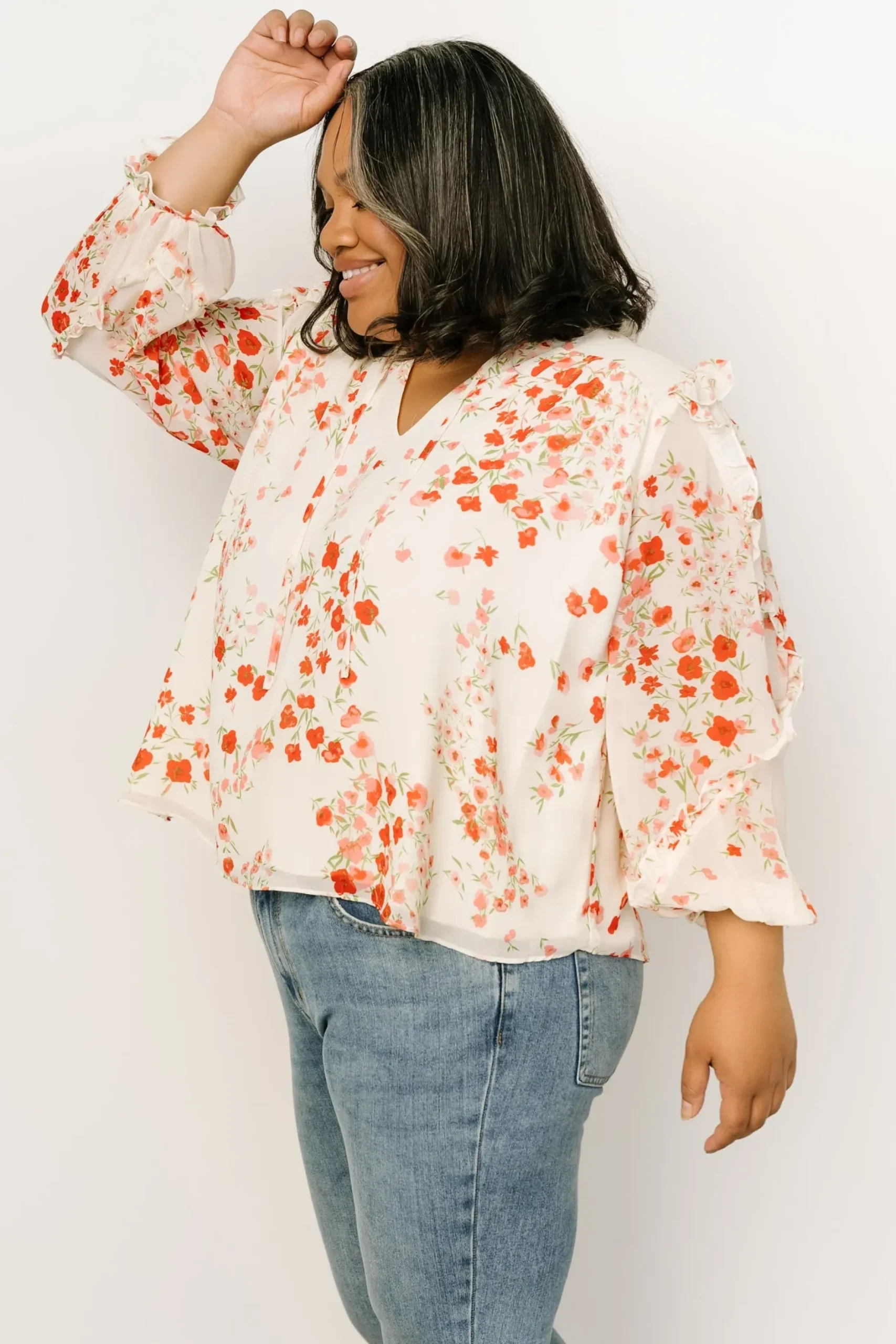 Baltic Born blouses + shirts|Karlie Long Sleeve Ruffle Top | Ivory + Red Multi