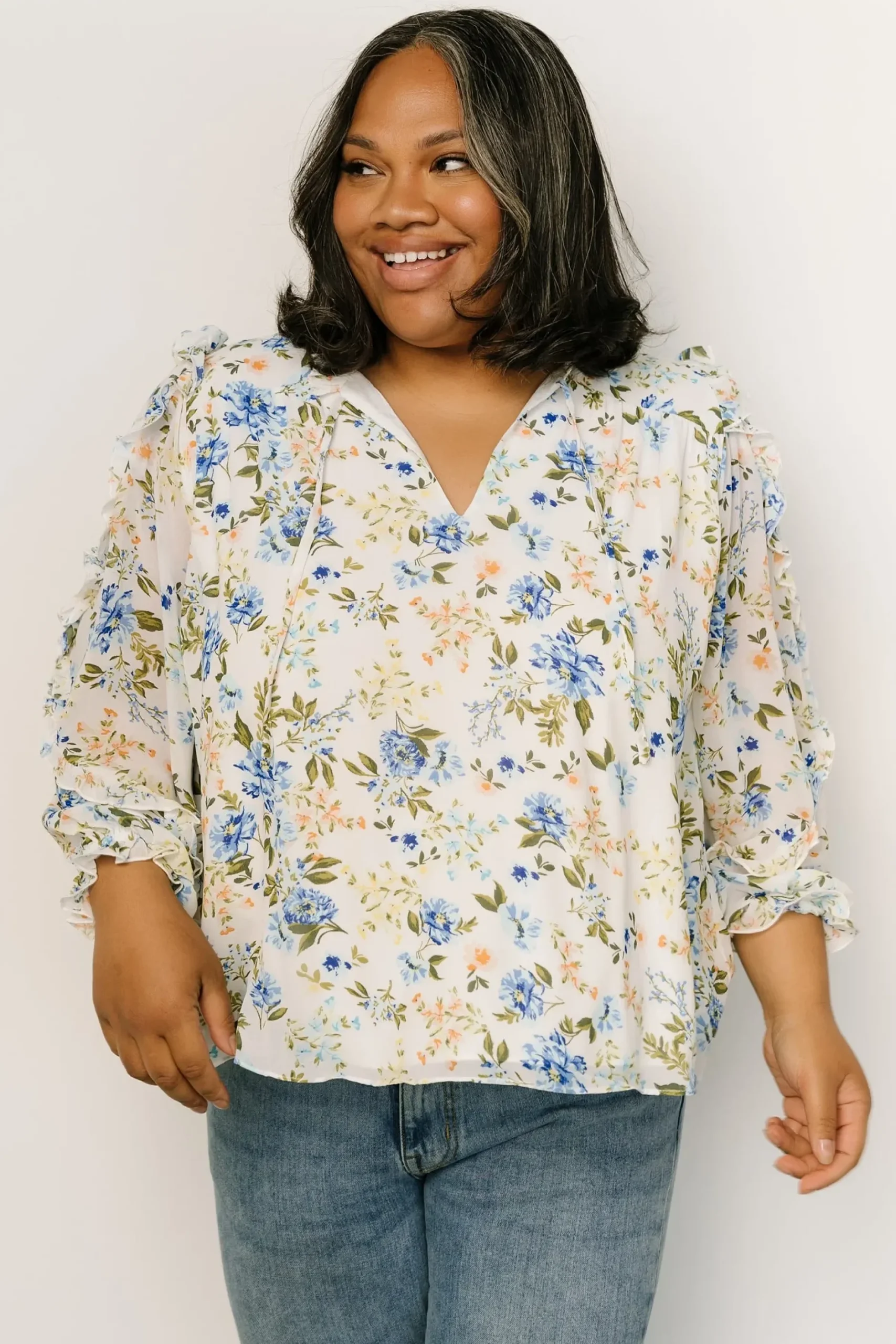 Baltic Born blouses + shirts|Karlie Long Sleeve Ruffle Top | Blue Floral