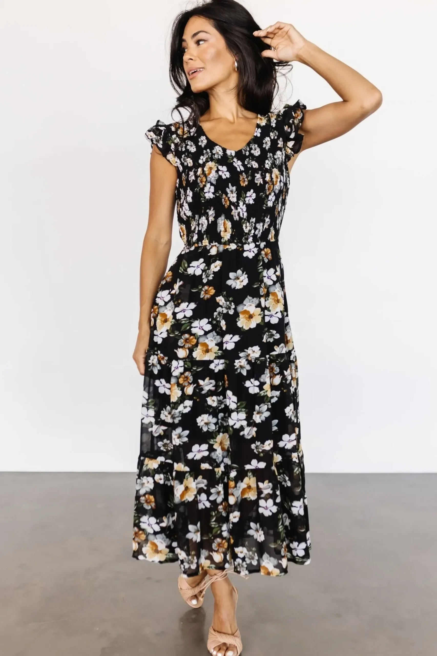 Baltic Born midi dresses|EXTENDED SIZING|Kenna Smocked Midi Dress | Black Floral