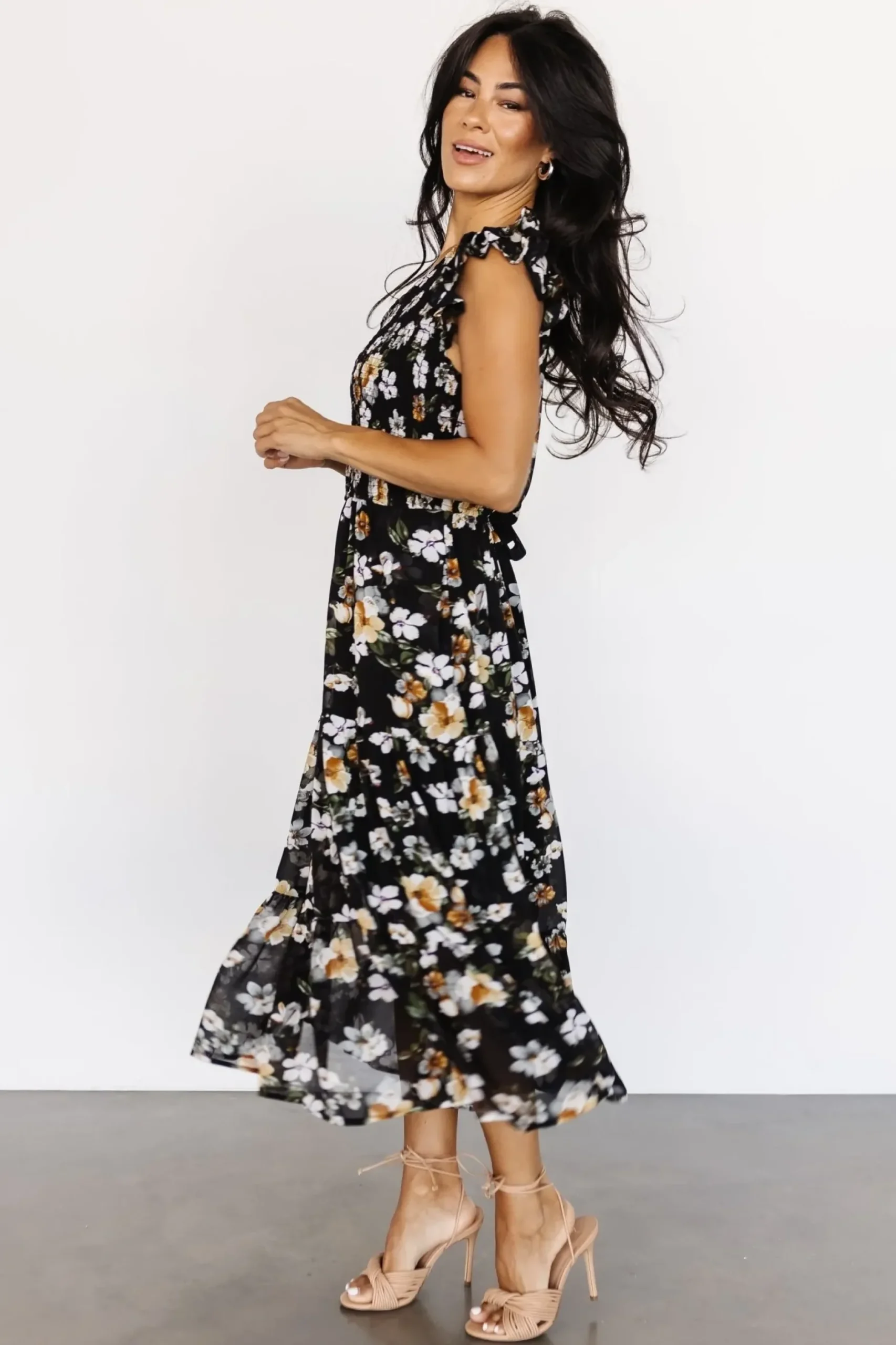 Baltic Born midi dresses|EXTENDED SIZING|Kenna Smocked Midi Dress | Black Floral