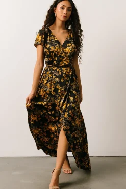 Baltic Born SALE|Krystal Satin Wrap Gown | Black + Gold Floral