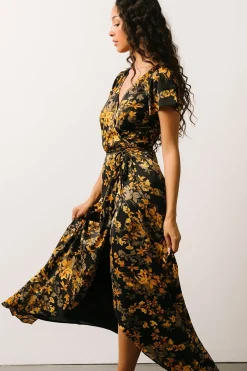 Baltic Born SALE|Krystal Satin Wrap Gown | Black + Gold Floral
