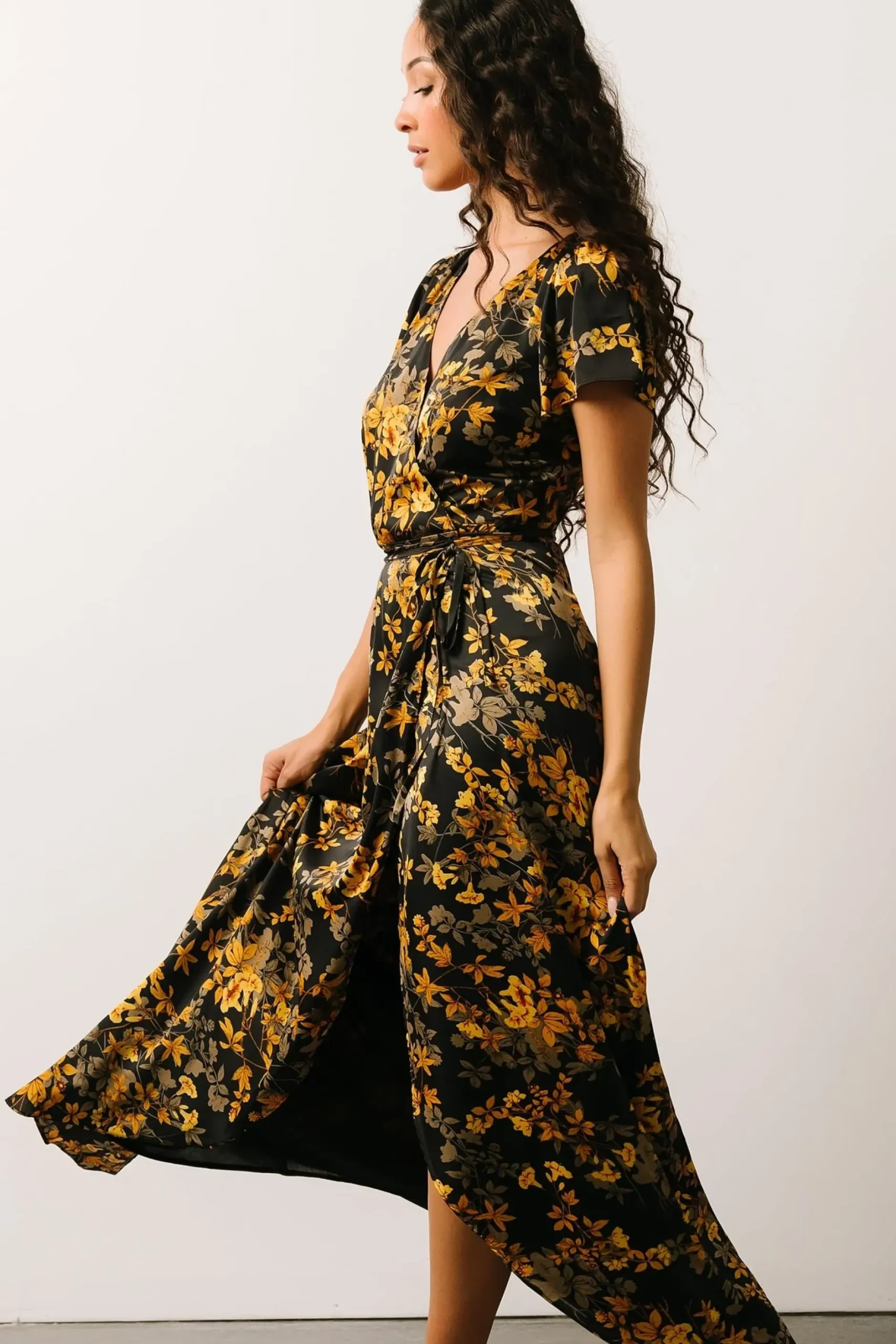 Baltic Born SALE|Krystal Satin Wrap Gown | Black + Gold Floral
