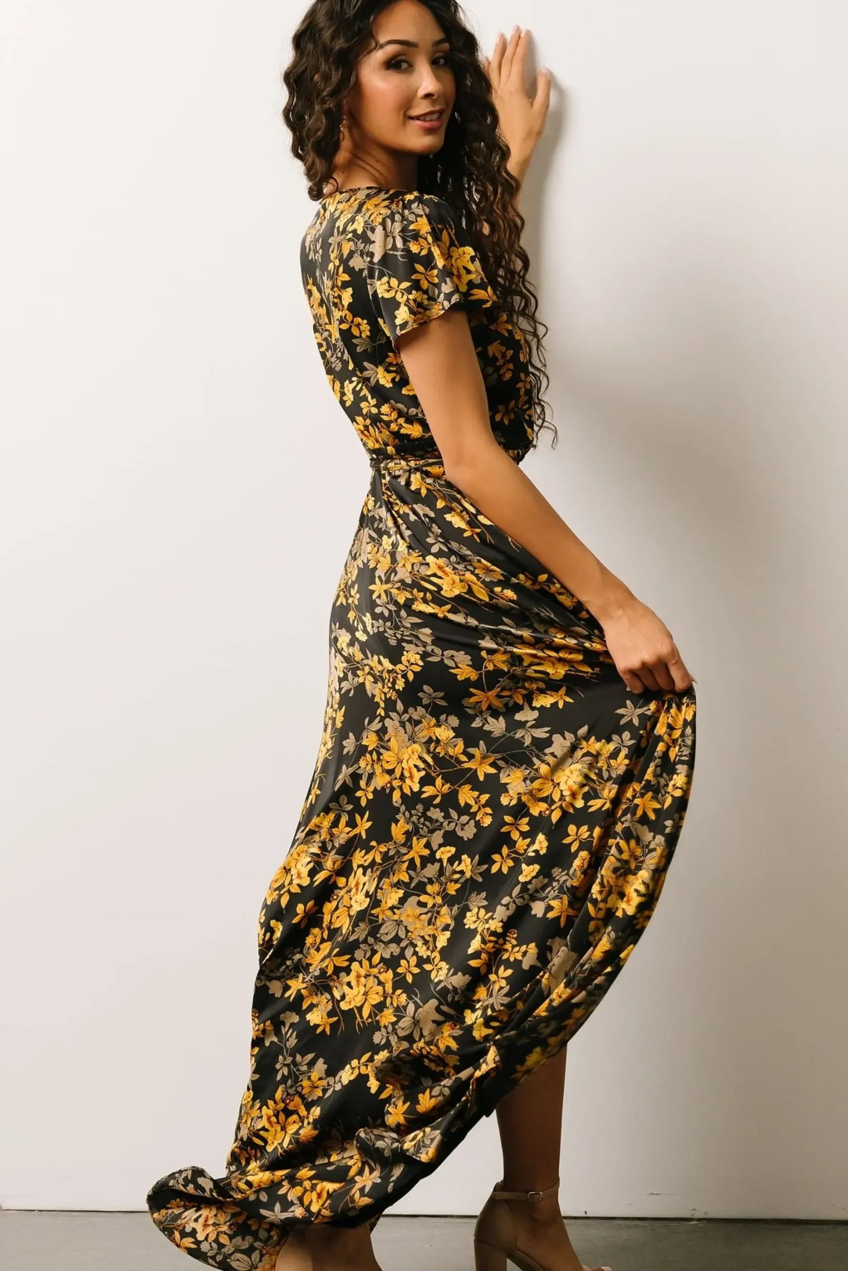 Baltic Born SALE|Krystal Satin Wrap Gown | Black + Gold Floral