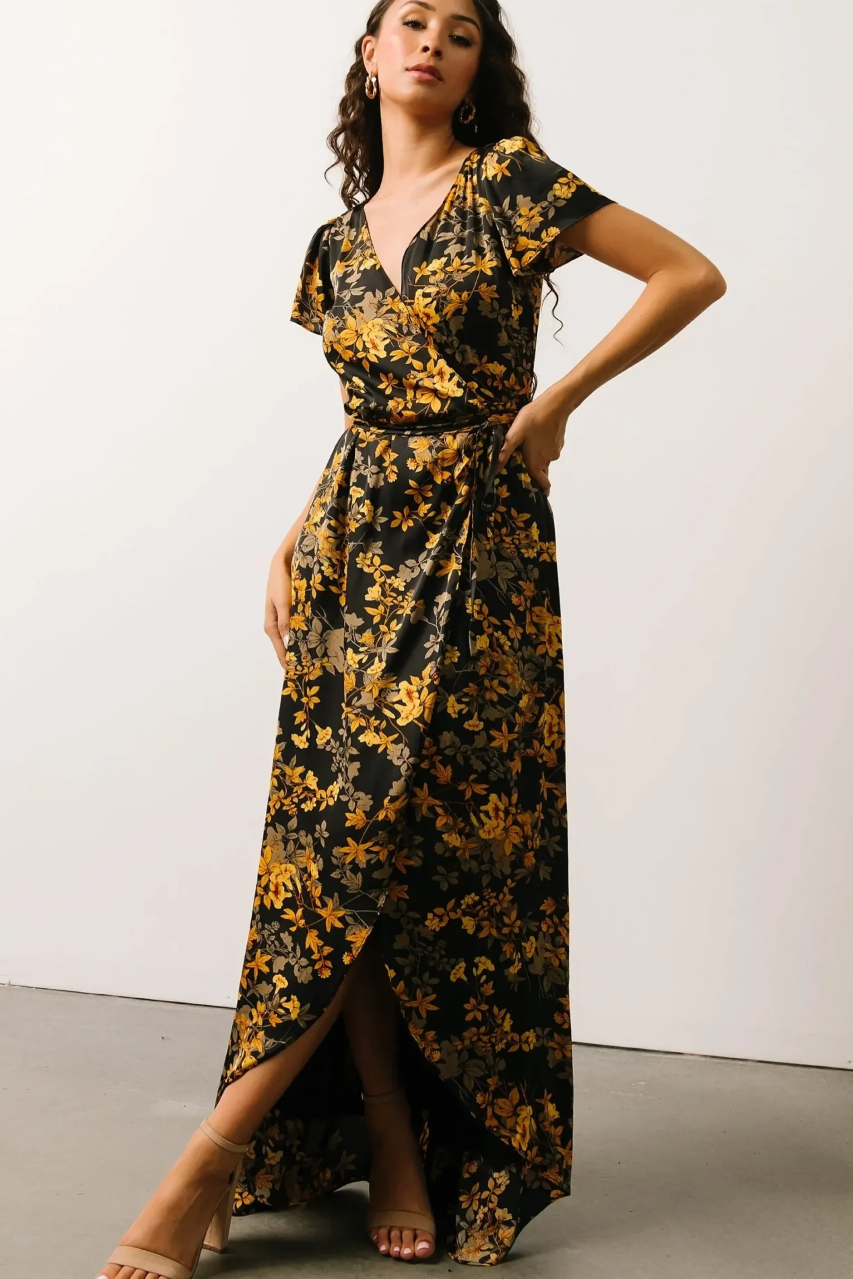 Baltic Born SALE|Krystal Satin Wrap Gown | Black + Gold Floral