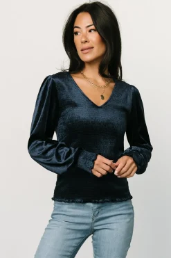Baltic Born blouses + shirts|Kyler Smocked Velvet Top | Navy