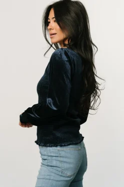 Baltic Born blouses + shirts|Kyler Smocked Velvet Top | Navy