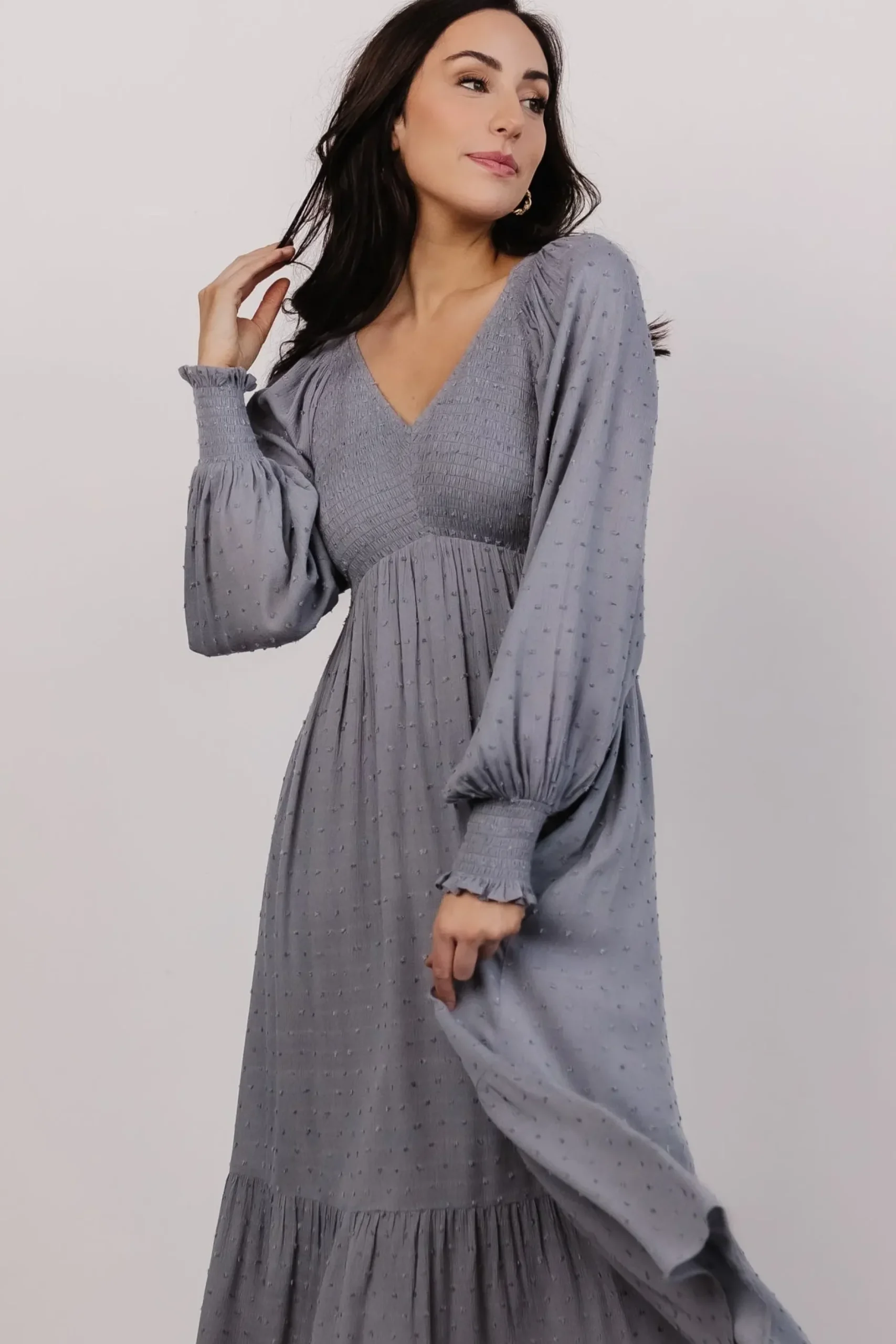 Baltic Born midi dresses|bump friendly|Lainey Smocked Dotted Midi Dress | Dusty Blue
