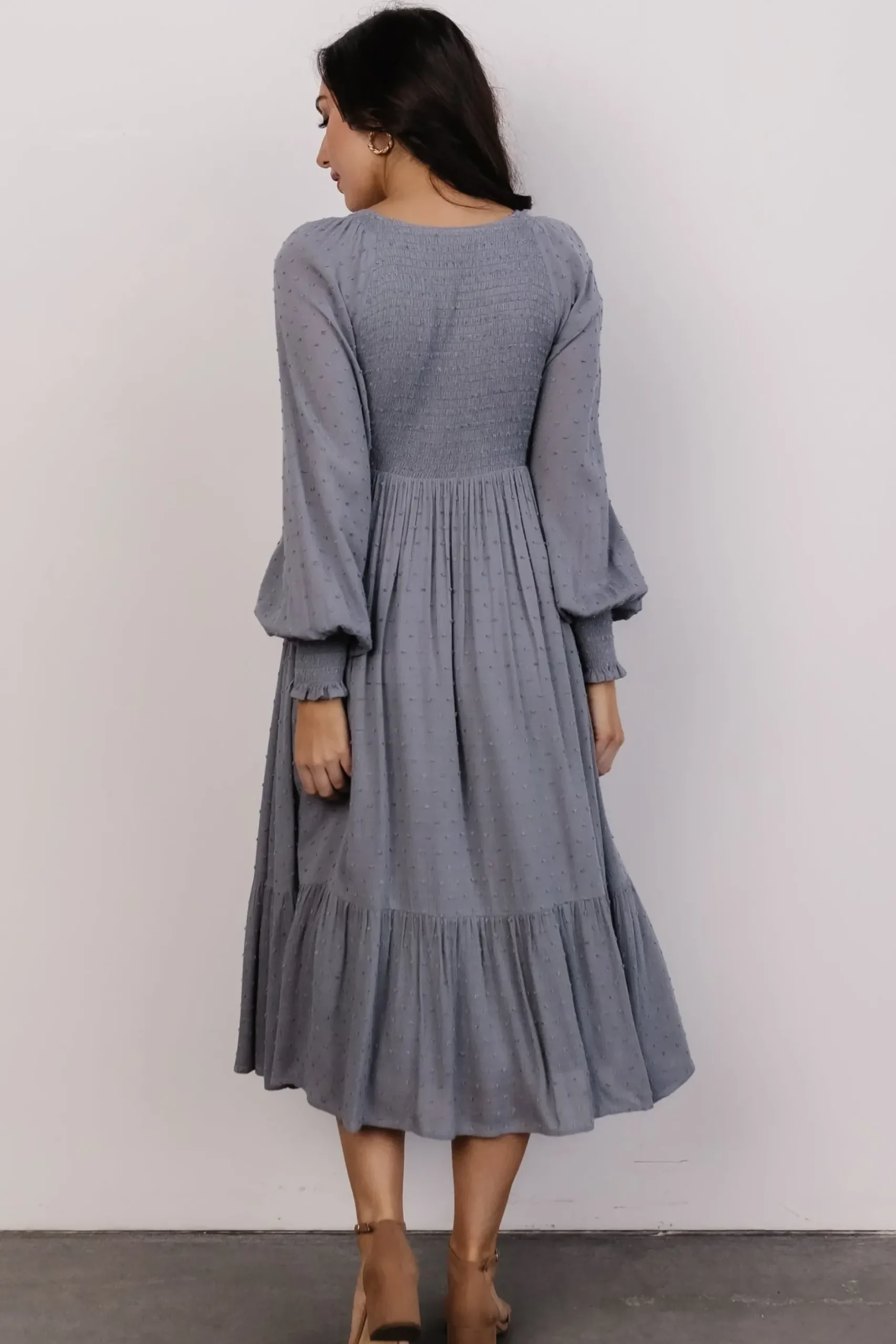 Baltic Born midi dresses|bump friendly|Lainey Smocked Dotted Midi Dress | Dusty Blue