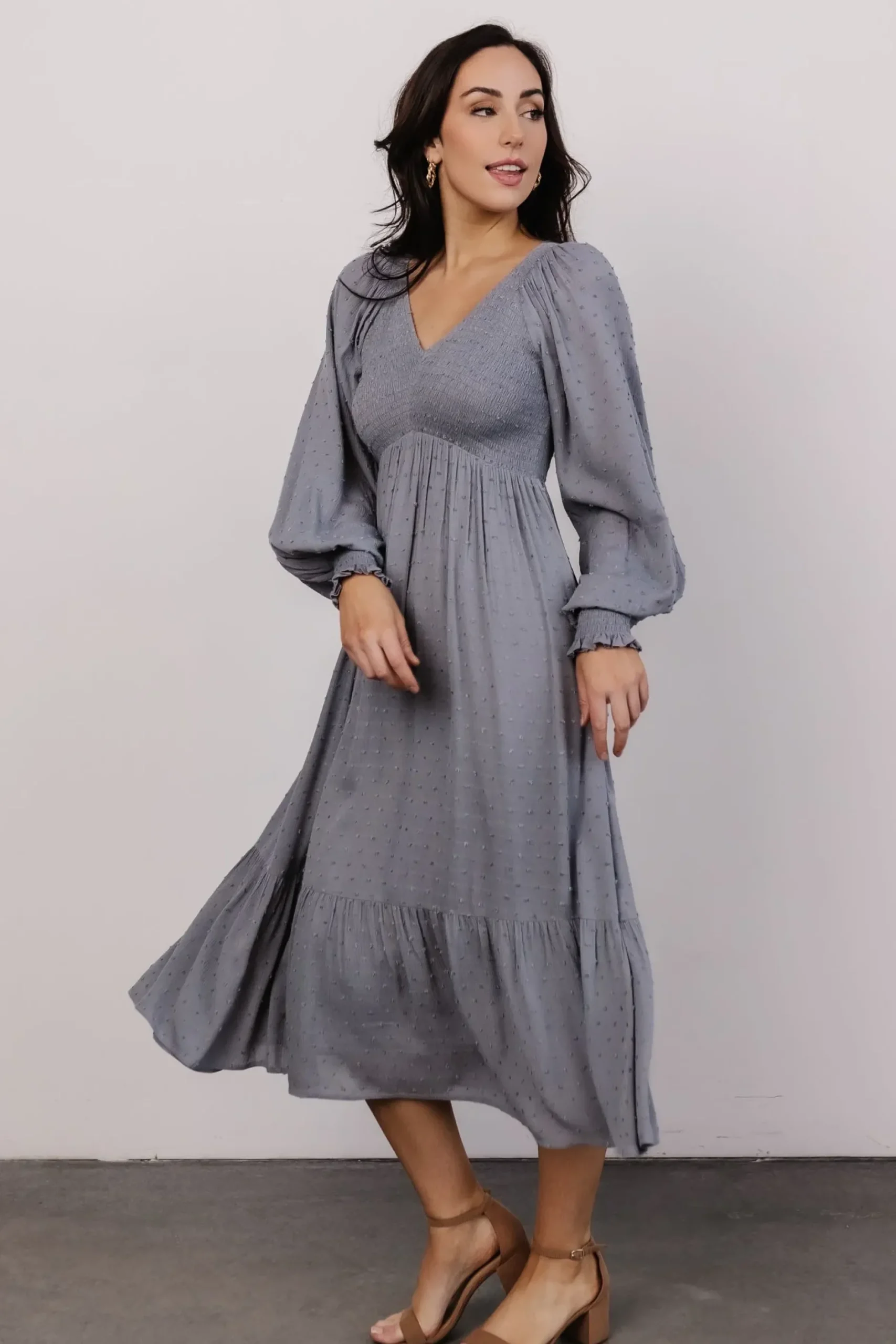 Baltic Born midi dresses|bump friendly|Lainey Smocked Dotted Midi Dress | Dusty Blue