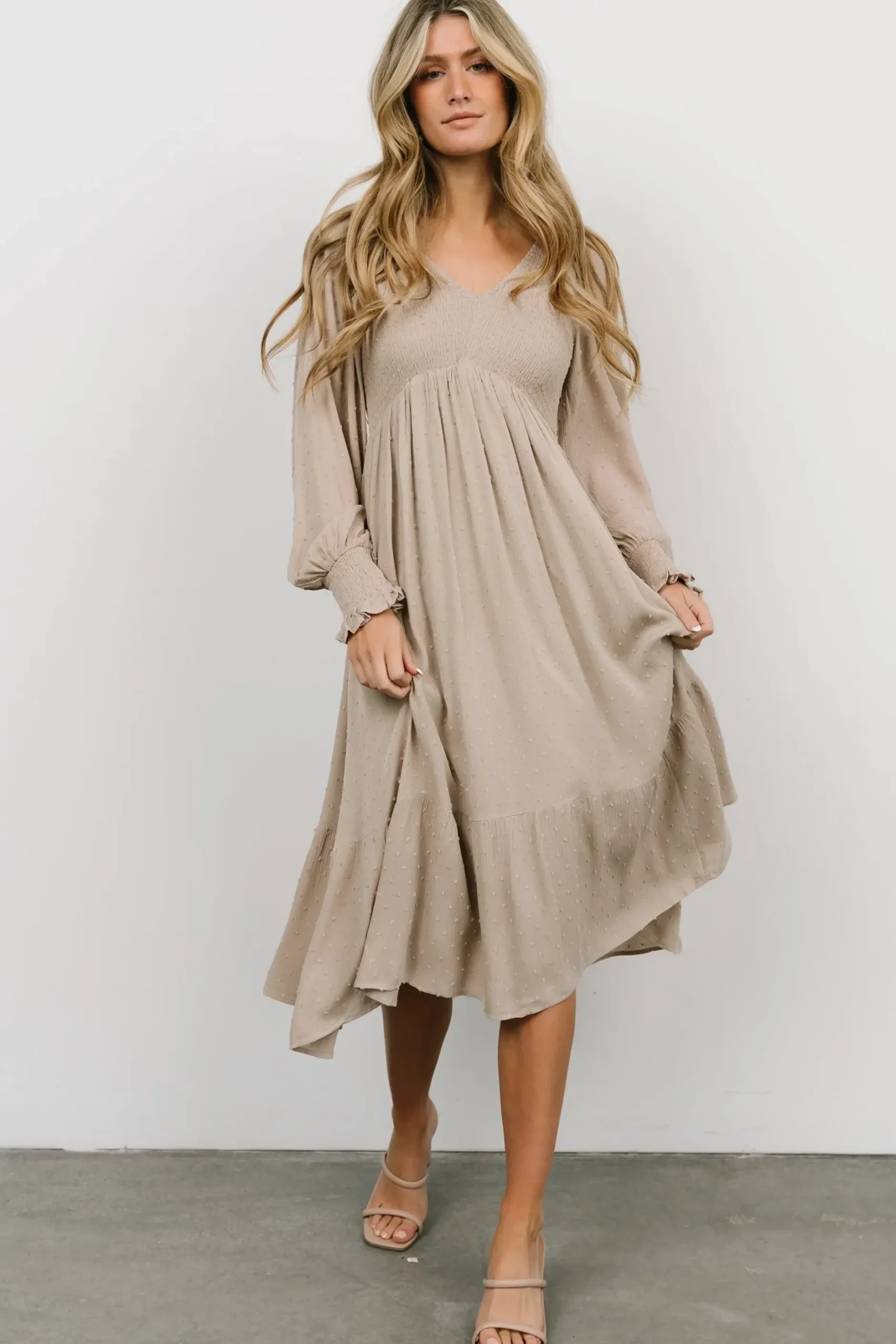 Baltic Born midi dresses|bump friendly|Lainey Smocked Dotted Midi Dress | Beige