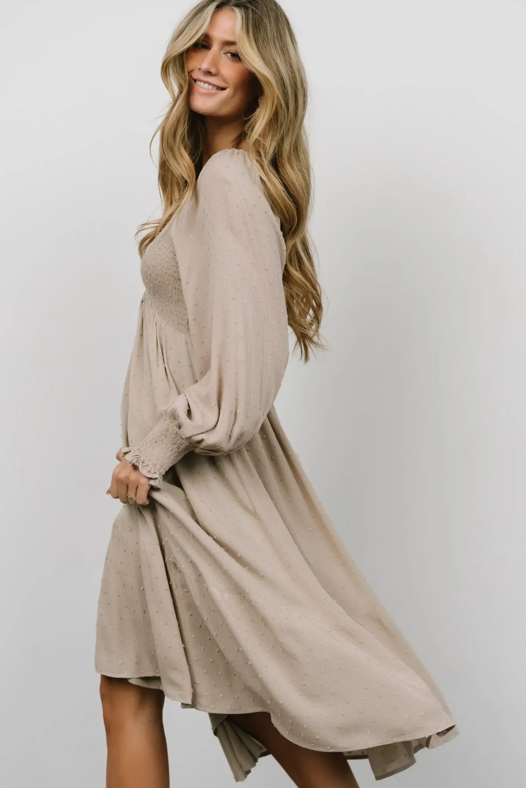 Baltic Born midi dresses|bump friendly|Lainey Smocked Dotted Midi Dress | Beige