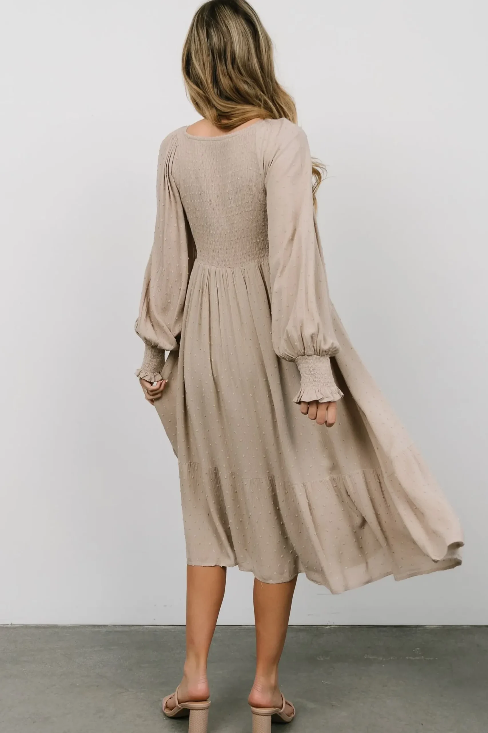 Baltic Born midi dresses|bump friendly|Lainey Smocked Dotted Midi Dress | Beige