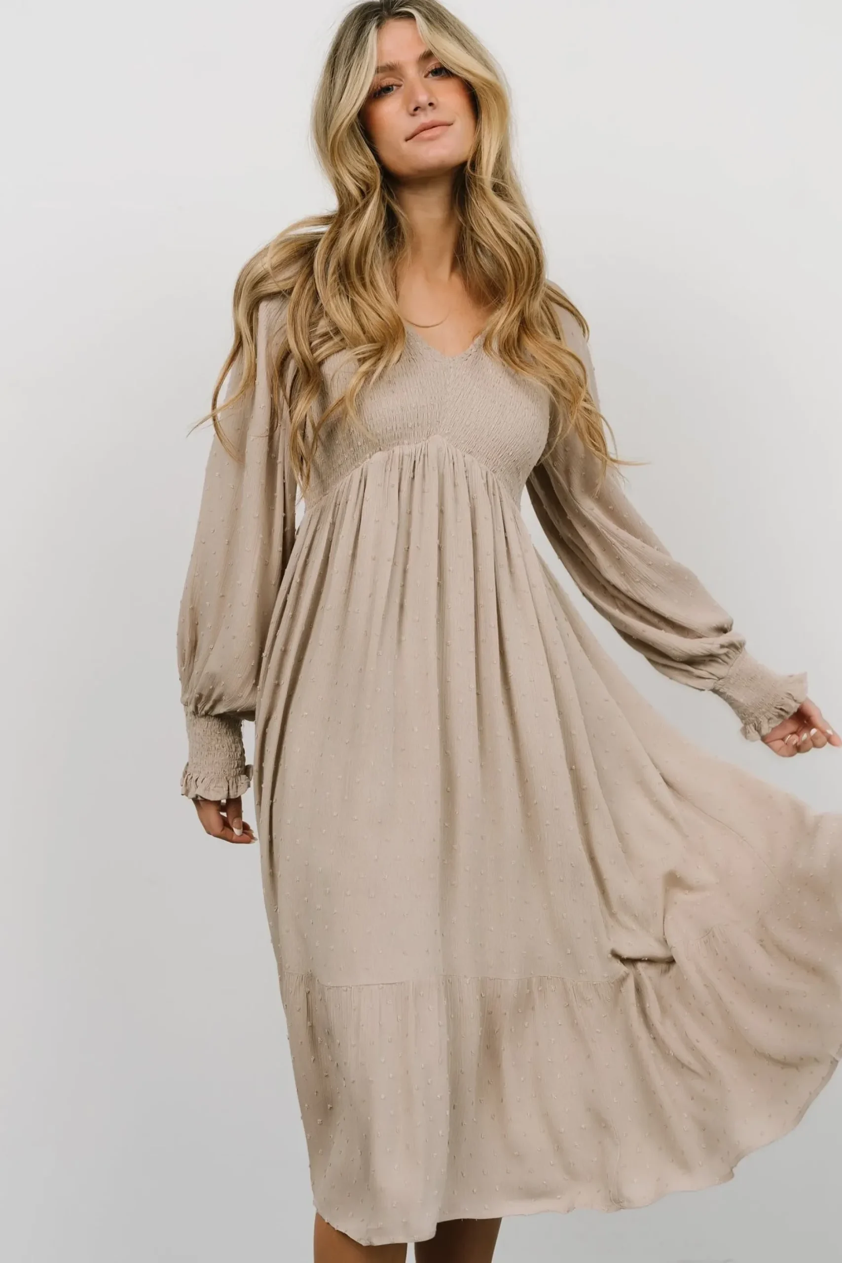 Baltic Born midi dresses|bump friendly|Lainey Smocked Dotted Midi Dress | Beige
