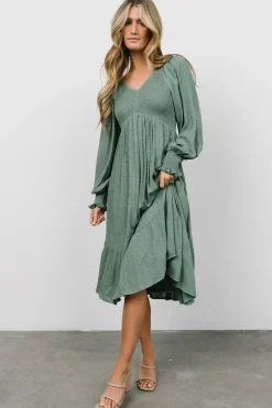 Baltic Born midi dresses|bump friendly|Lainey Smocked Dotted Midi Dress | Dark Sage